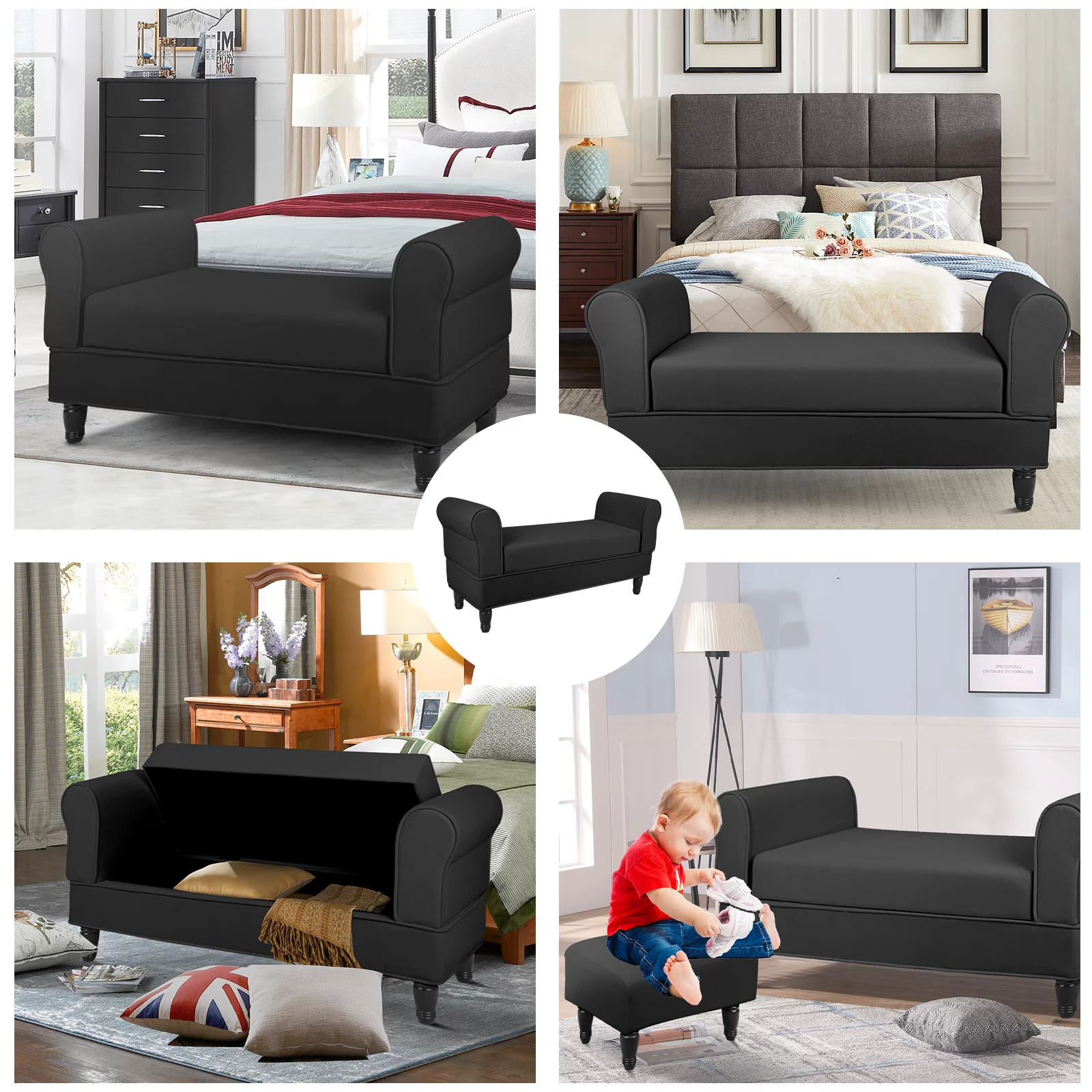 Hofitlead Storage Bench , Velure Rolled Arm Ottoman Storage Sofa , with 2 Ottoman Footstool,Black