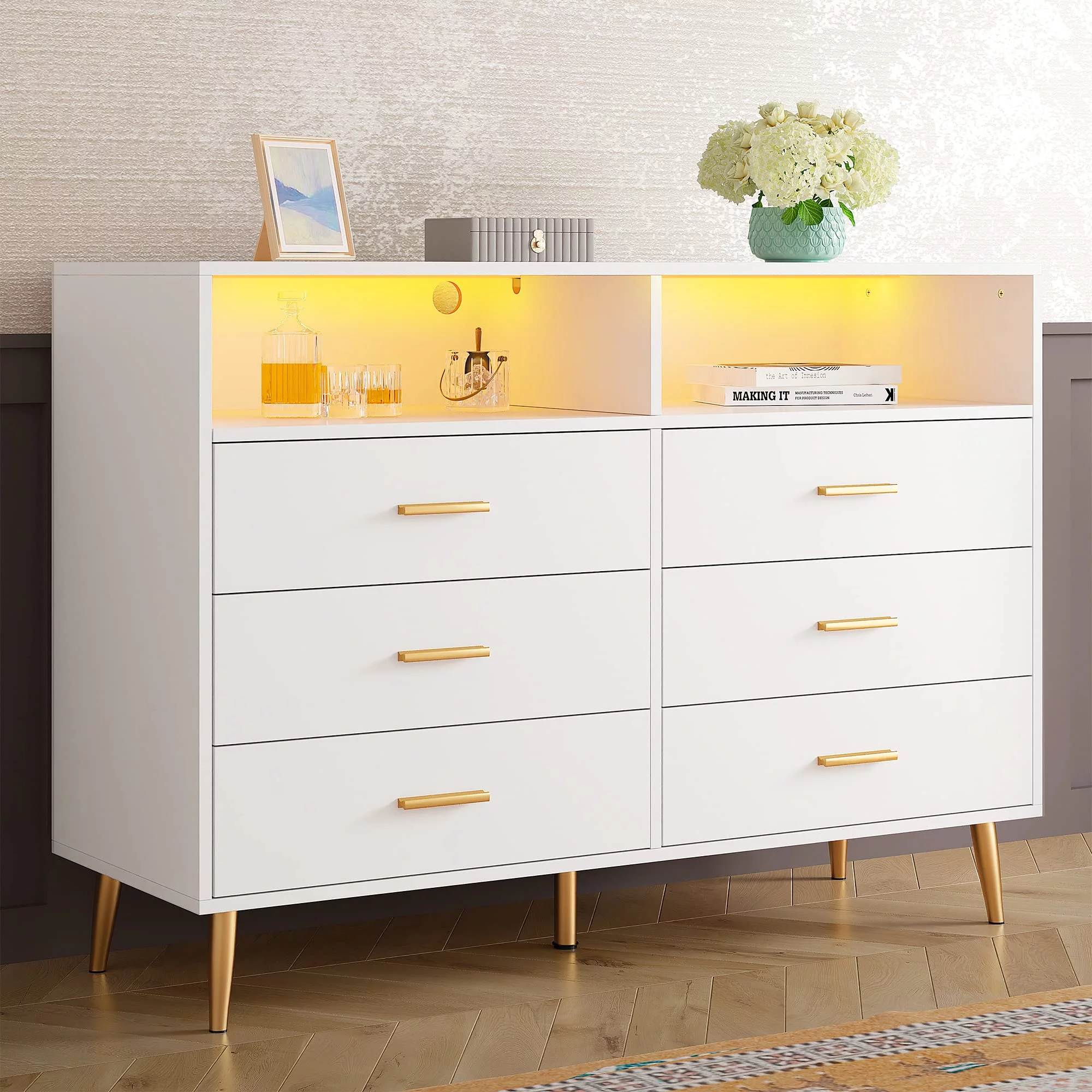 EnHomee Dresser, White Dresser with 6 Deep Drawers, Drawer Dresser with LED Lights, TV Stand Dressers & Chests of Drawers Wood Dresser for Bedroom,Wide Led Dressers,White
