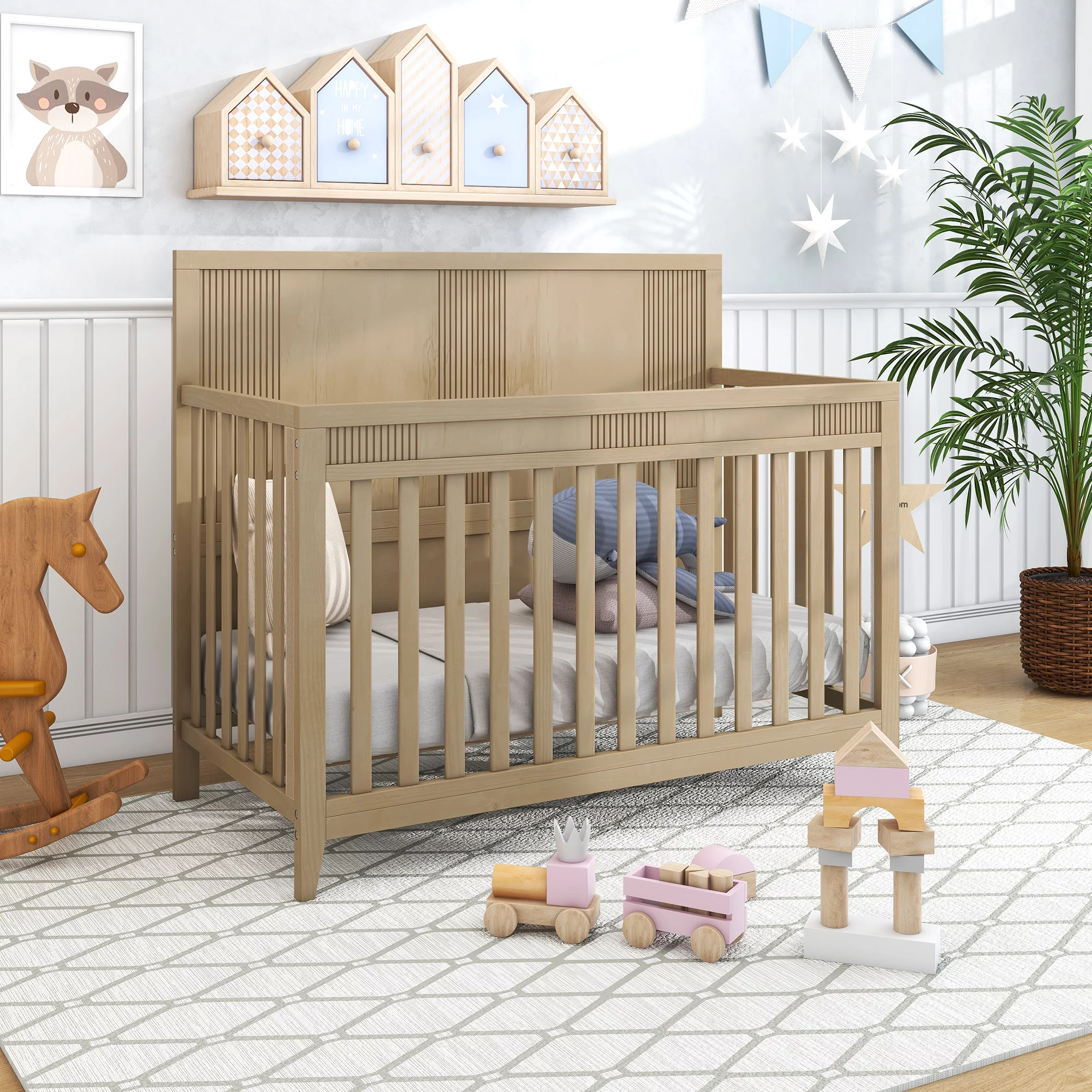 HSUNNS 4-in-1 Convertible Crib, Rustic Farmhouse Style, Certified Baby Safe Crib, Converts from Baby Crib to Toddler Bed, Daybed, and Full-Size Bed, 3 Adjustable Mattress Heights, Natural Wood