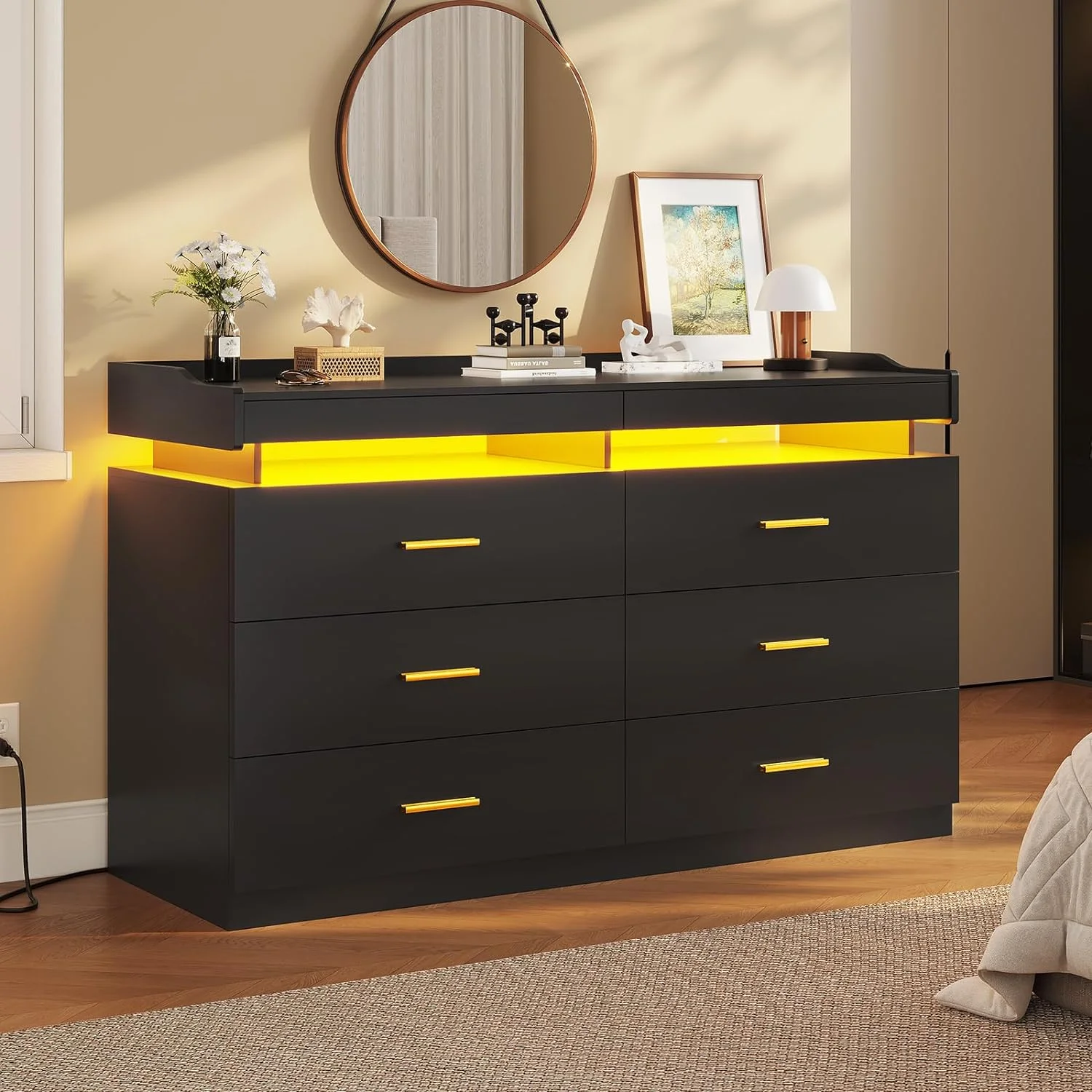 LED Dresser Black Chest of Drawers for Bedroom with 6 Drawers, Double Dresser with Pull-Out Trays for Living Room Entryway