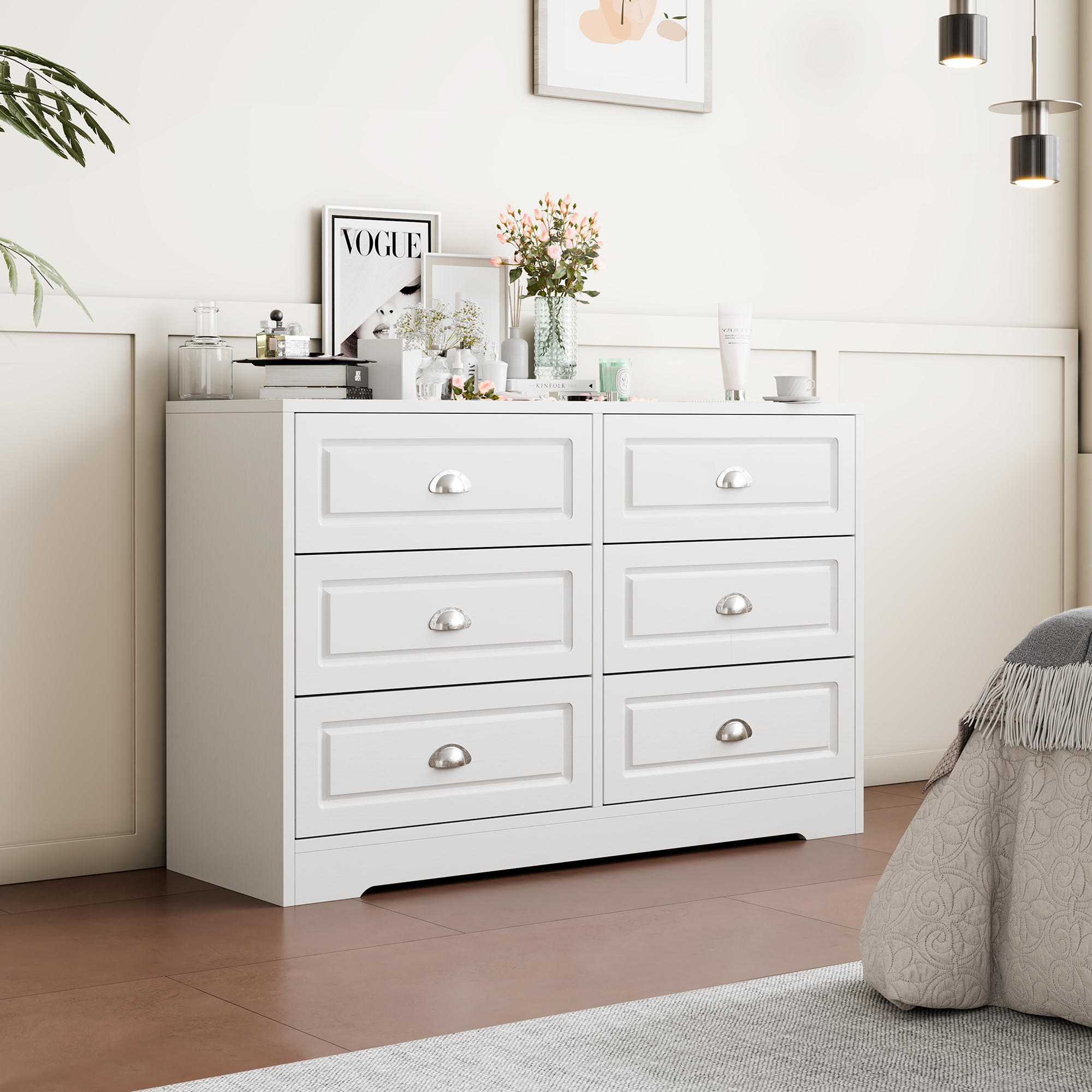 Walsunny 6 Drawer Double Dresser White Wooden Wide Chest of Drawers with Metal Handles Storage Organizer Dresser Nursery Dresser for Living Room Hallway