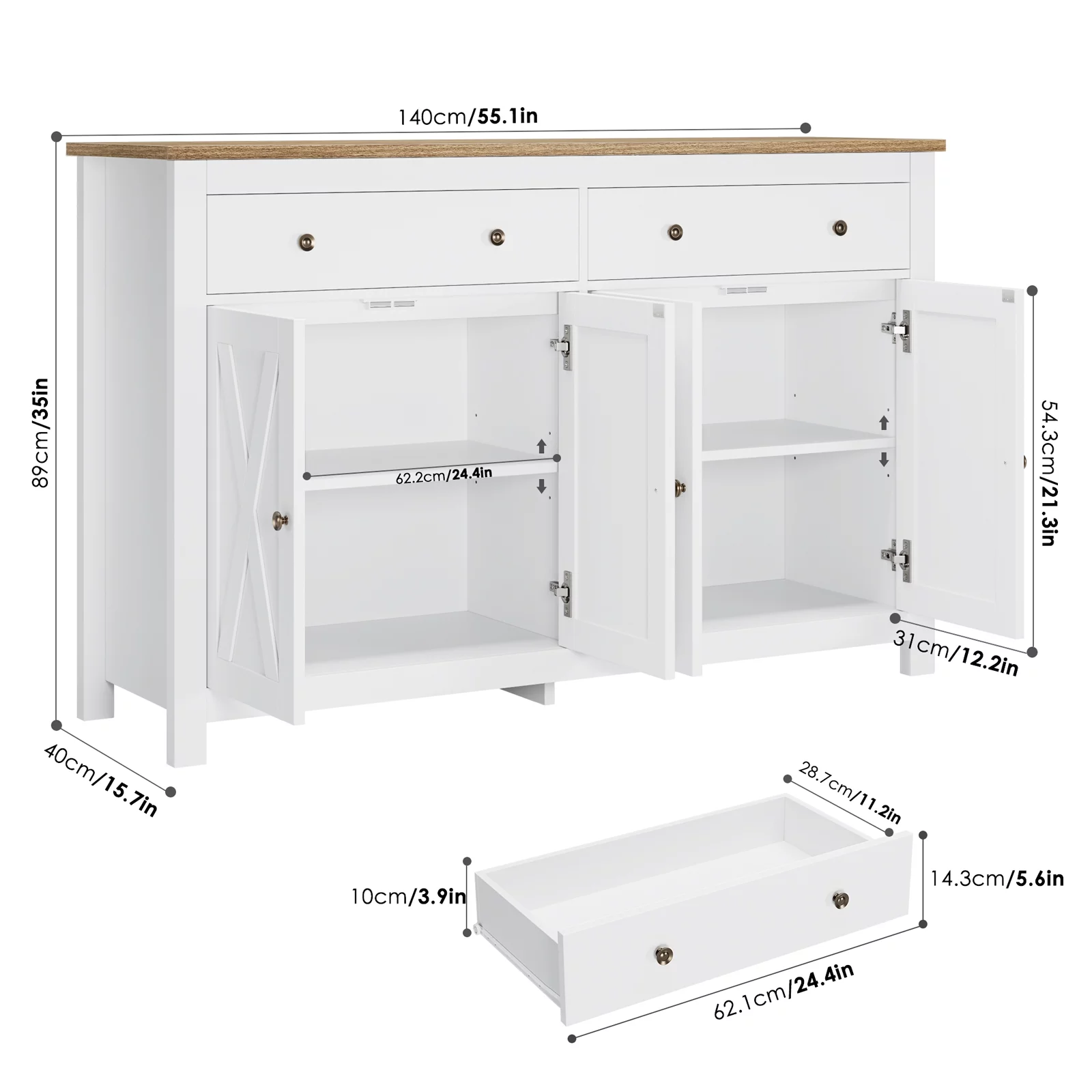 Homfa 4-Doors 2-Drawers Farmhouse Storage Cabinet, Wood Sideboard with Adjustable Shelves for Kitchen Dining Room, White