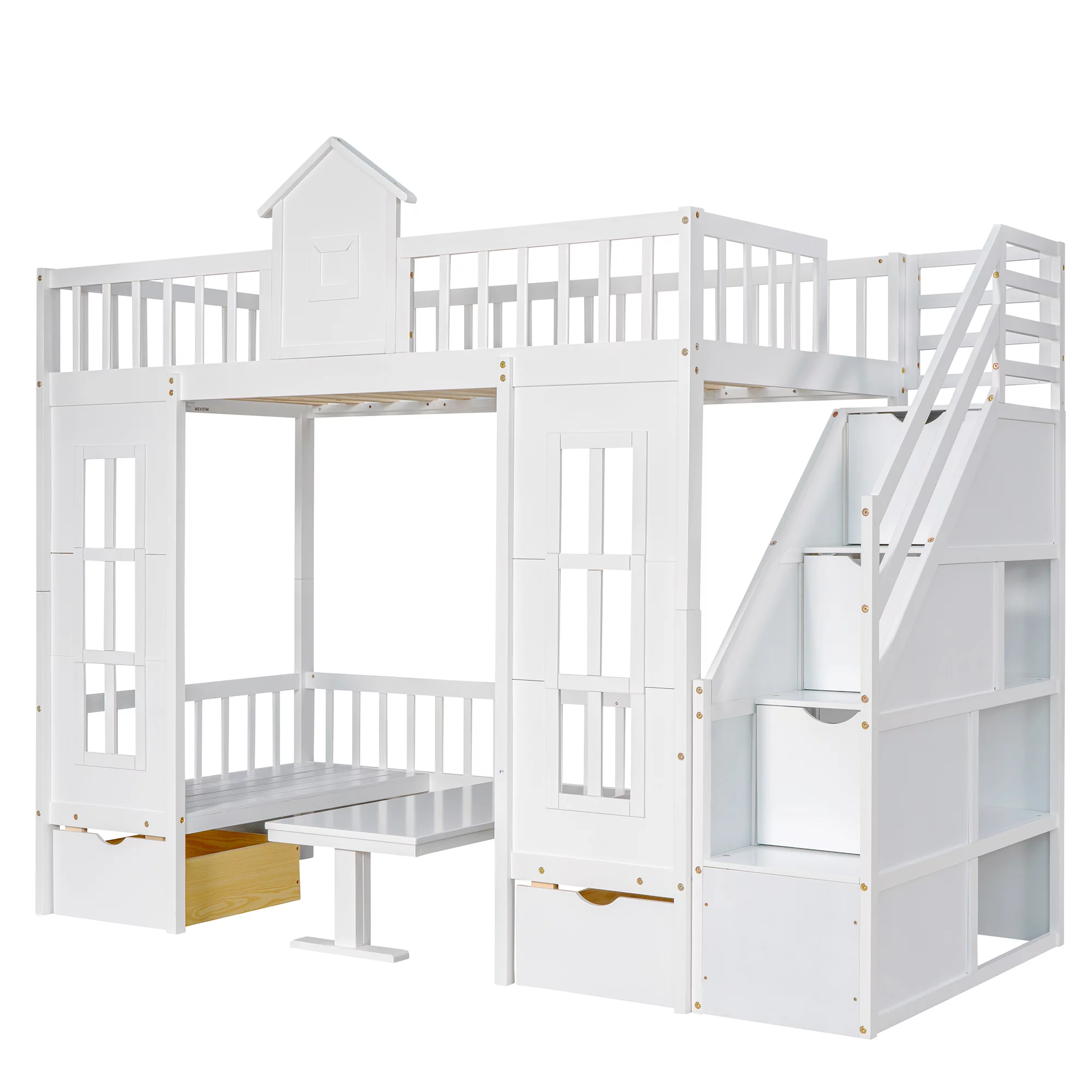 Twin Over Twin Bunk Beds with Stairs, Wood Loft Bed with Desk and Seat Can be Turned Into Bunk Bed, Convertible Dorm Bunk Bed with 2 Storage Drawers for Kids Teens(White+White)