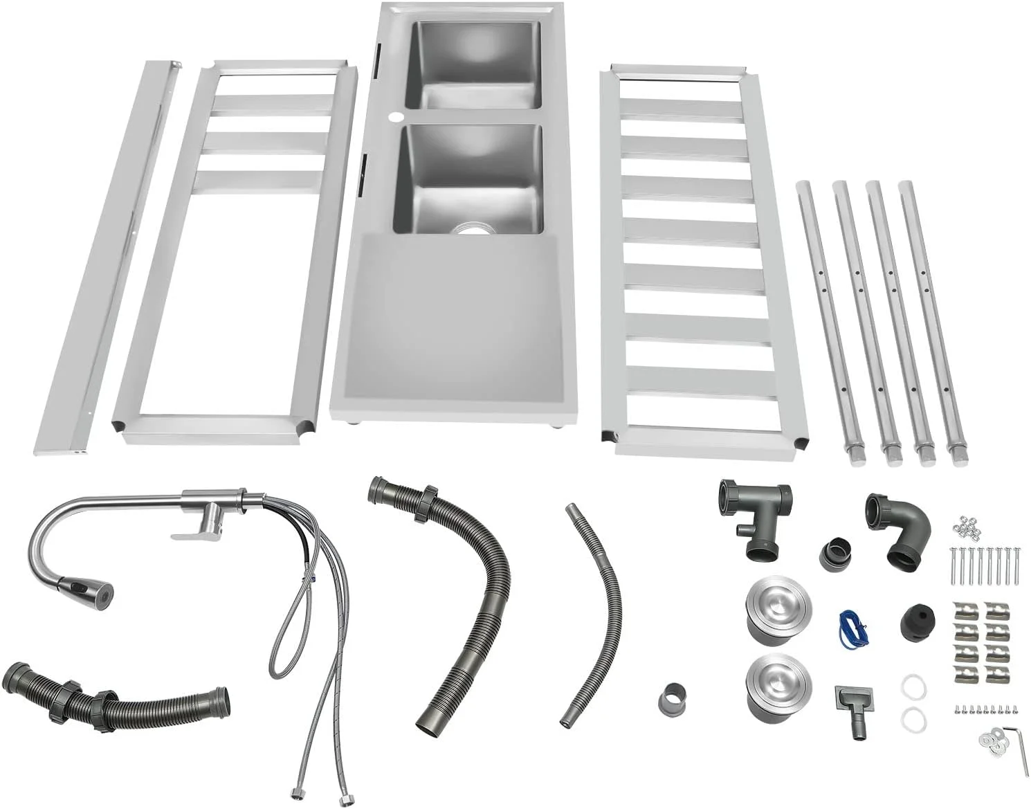 Free Standing Commercial Kitchen Sink 2 Compartment Stainless Steel Prep & Utility Sink 201 Stainless Steel Freestanding Kitchen Sink for Restaurant, Kitchen, Outdoor (Dual Bowl Style w/Baffle)