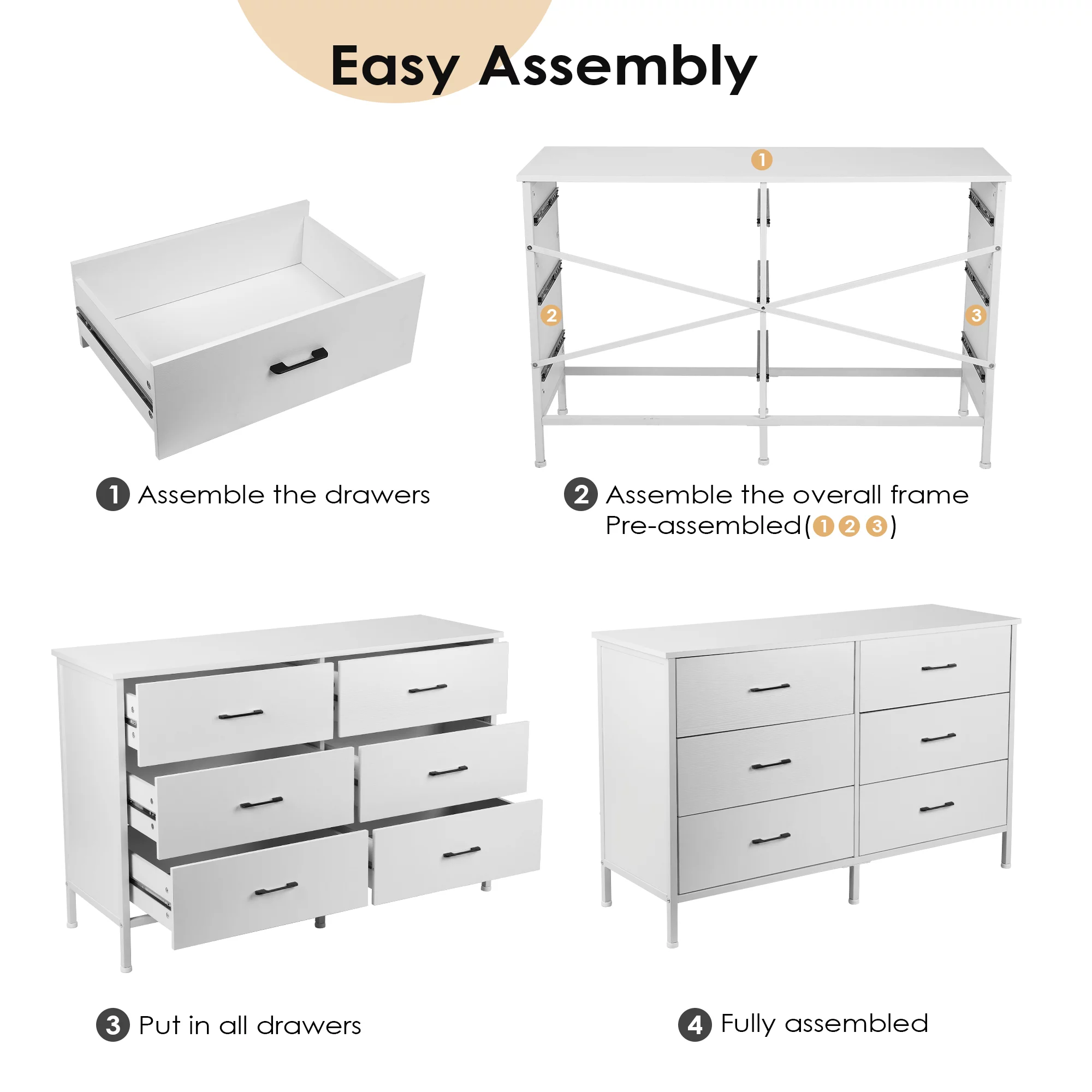 47.3'' Drawer Dresser Chest of 6 Drawers, Storage Dresser Tower for Bedroom, Living Room, Hallway, Nursery, White Storage Cabinet Wooden Dresser with Steel Frame, White