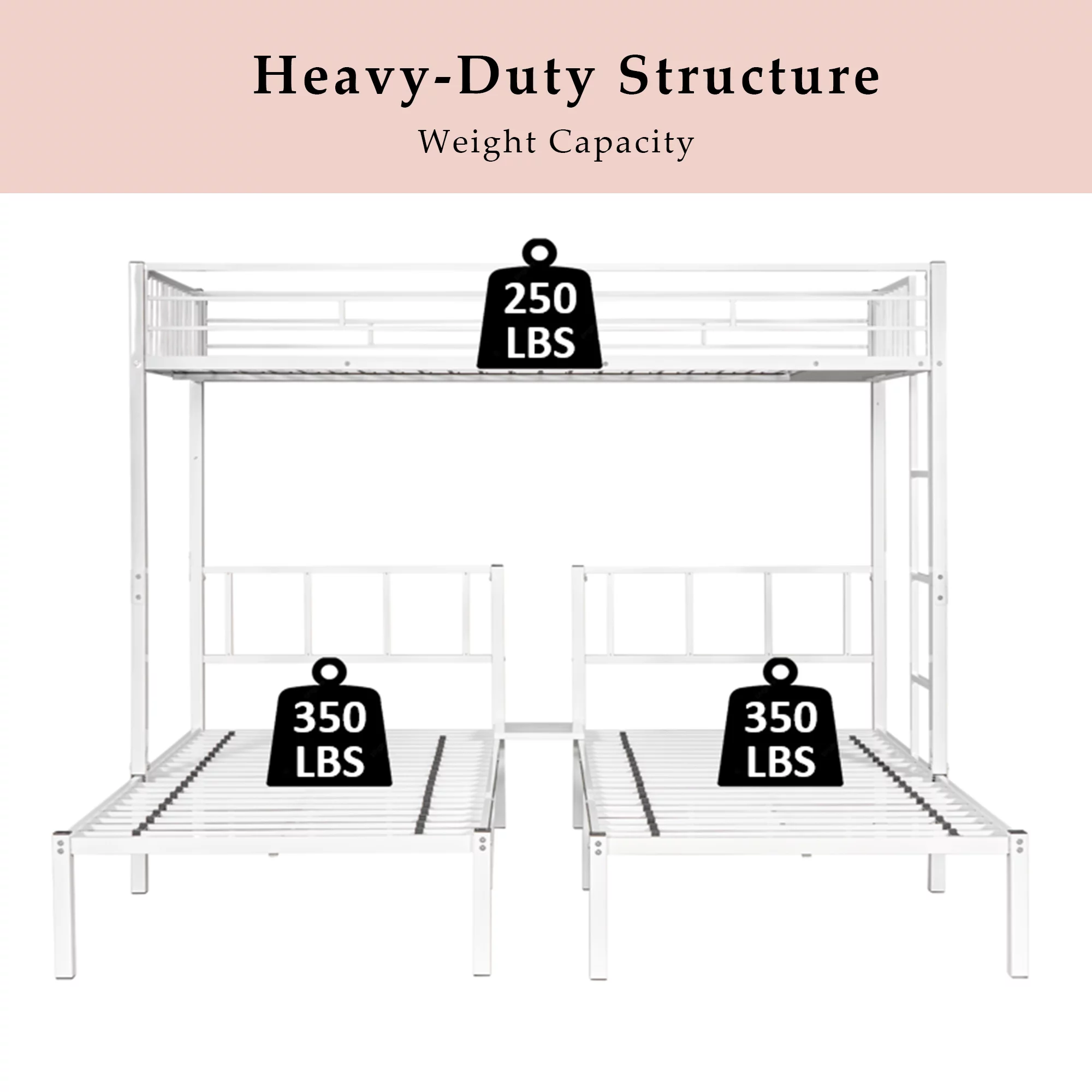 Triple Metal Bunk Bed Twin over Twin with Ladder for Kids, Boys & Girls, Convertible Bunk Set, White