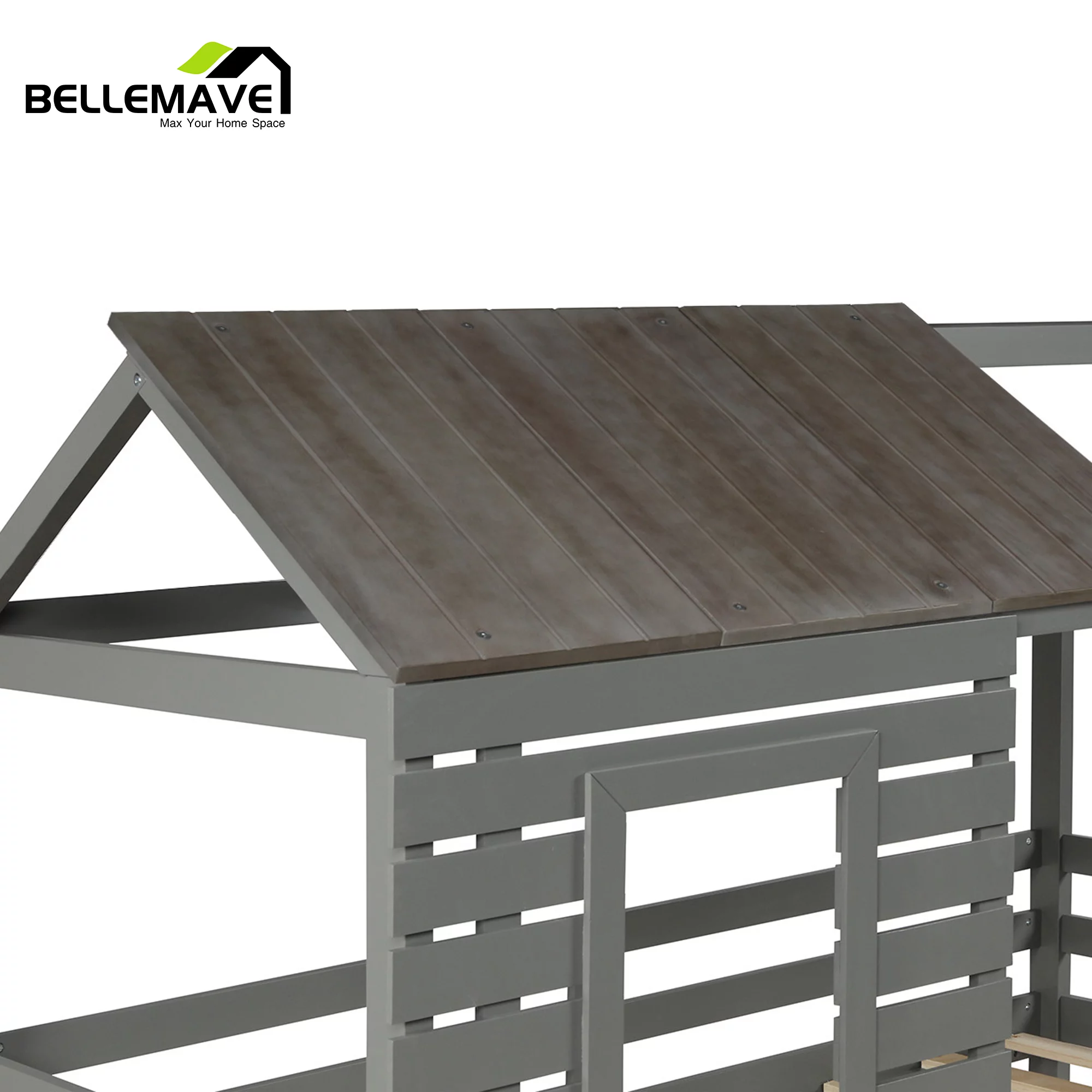 Bellemave Twin over Twin Bunk Bed for Kids, Twin House Bunk Bed with Roof, Window, Guardrail and Ladder, Low House Bunk Bed/Wood Playhouse Bunk Bed for Kids, Girls, Boys(Gray)