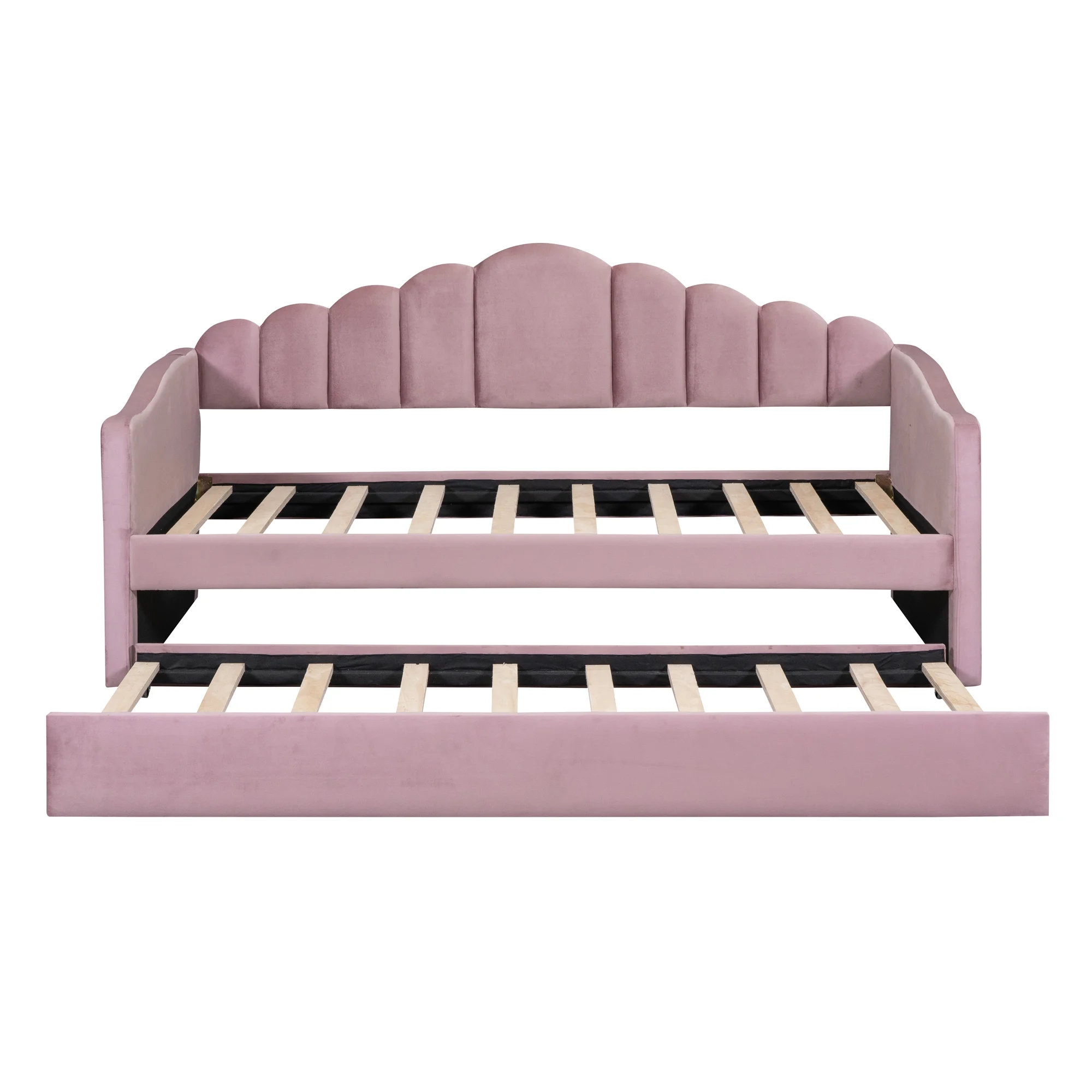 Churanty Twin size Upholstered Daybed with Trundle ,Velvet Sofabed with USB Charging Ports,No Box-spring Needed,Pink