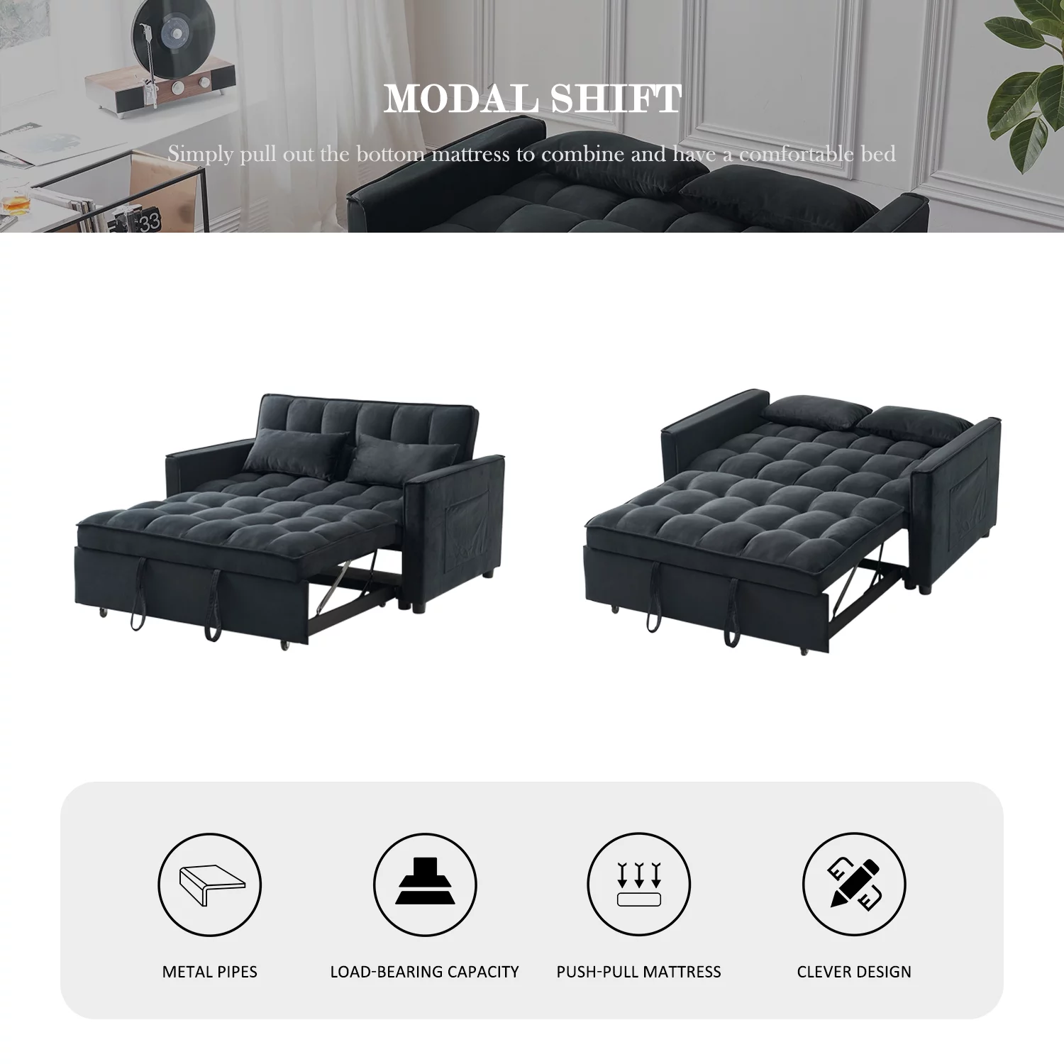 Tzicr 55.5'' 3-in-1 Convertible Sleeper Sofa Bed, Modern Velvet Loveseat Futon Couch Pullout Bed with Adjustable Backrest, Side Storage Pockets and Pillows. (Black)