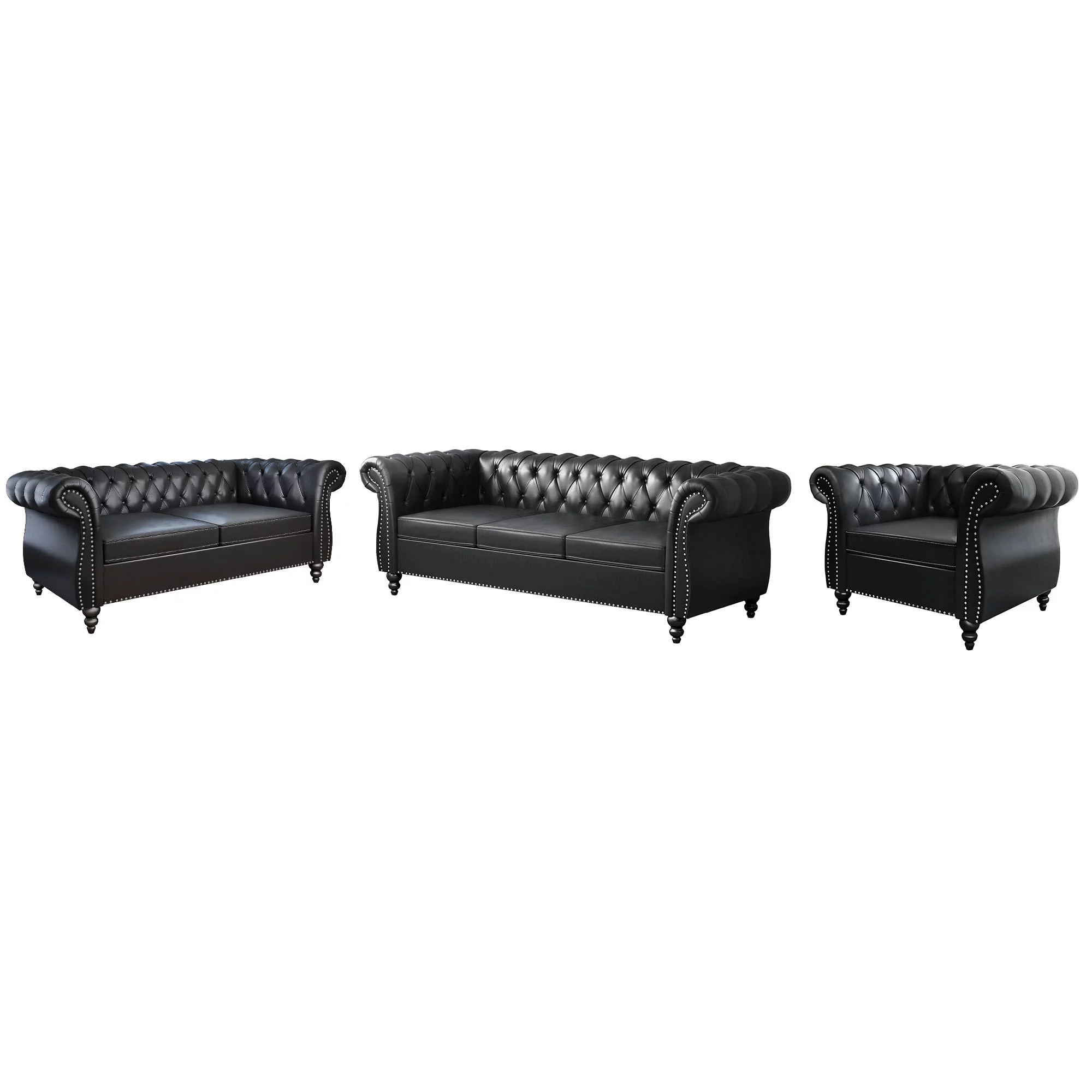 Yocwo Faux leather Couches Set for Living Room,3 Piece Sofa with Including Three Seat Sofa, Loveseat and Single Chair for Apartment Furniture Set (Black)