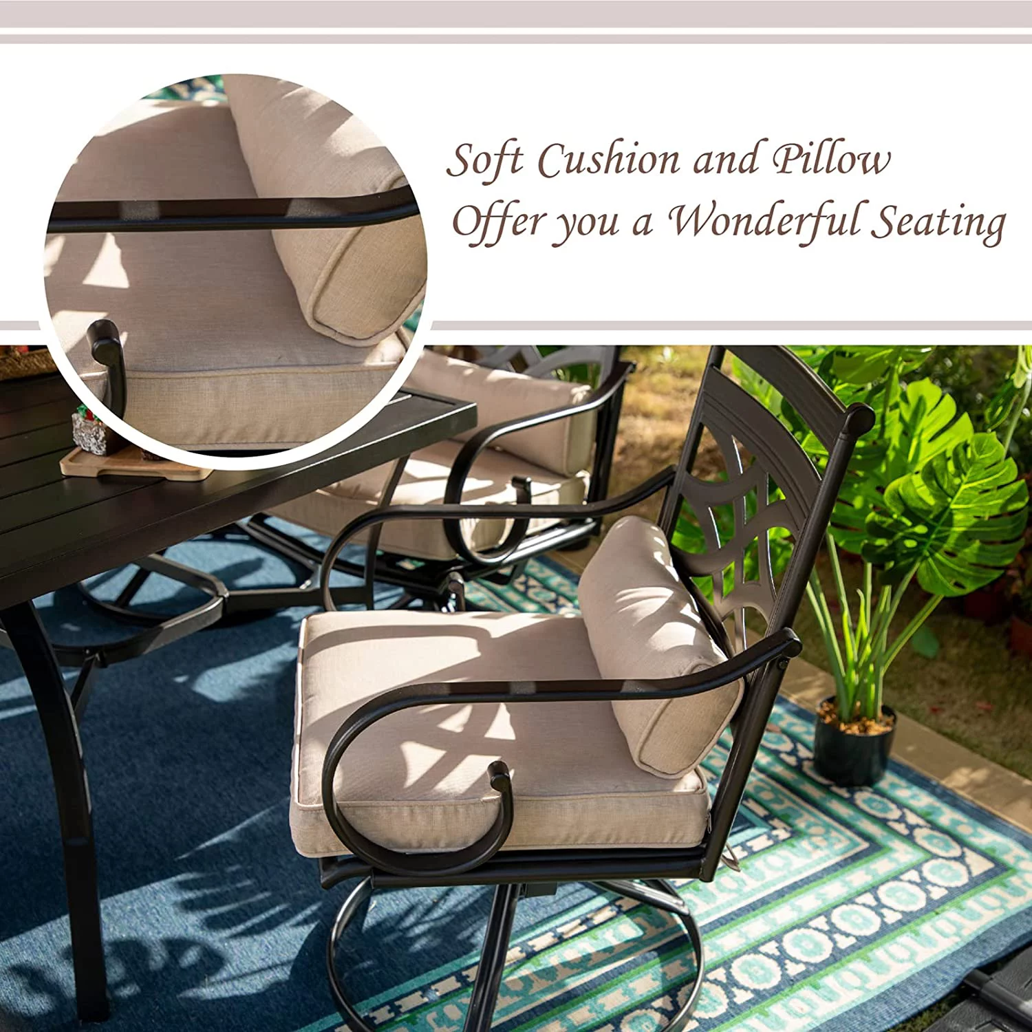 7 Pieces Heavy Duty Metal Patio Dining Sets with 6 Swivel Chairs (Cushion Included) and 1 Rectangular Metal Table with Umbrella Hole  Outdoor Furniture for 6