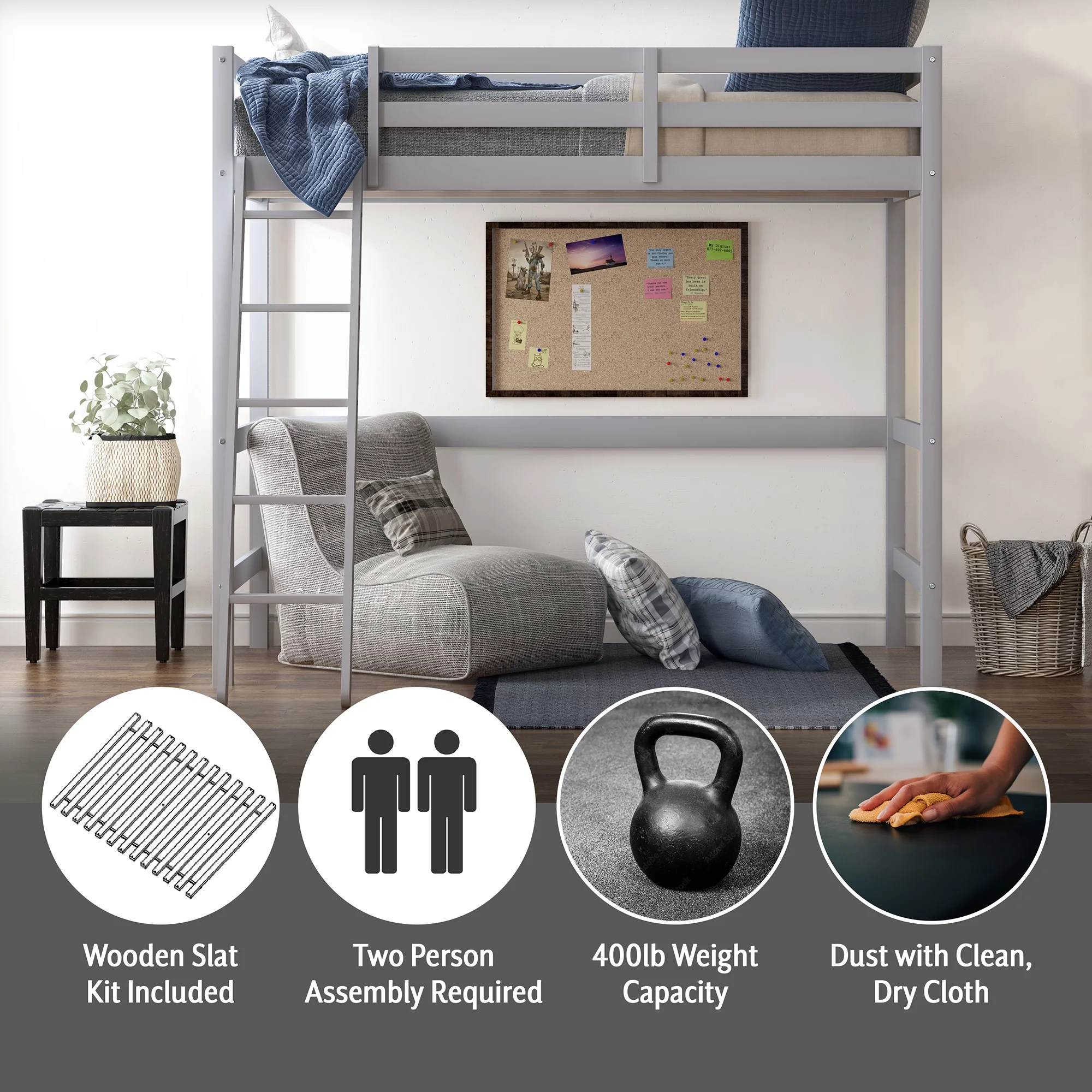 Hillsdale Campbell Wood Full Loft Bunk Bed with Ladder, up to 350 lbs Capacity, Gray