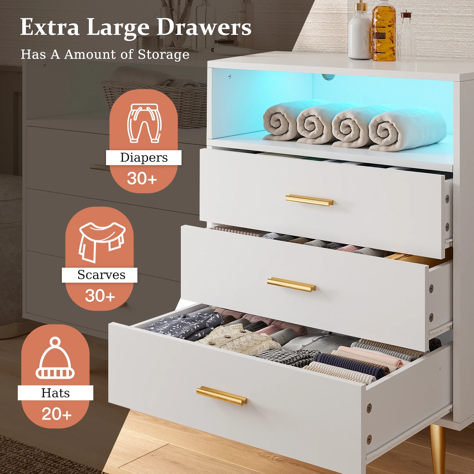 EnHomee Dresser, White Dresser with 6 Deep Drawers, Drawer Dresser with LED Lights, TV Stand Dressers & Chests of Drawers Wood Dresser for Bedroom,Wide Led Dressers,White