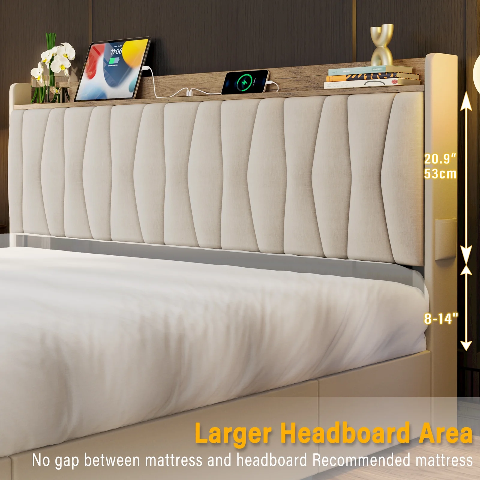 ANCTOR King Size Bed Frame with 3 Drawers, Upholstered Storage Headboard and Charging Station, No Box Spring Needed, Easy Assembly