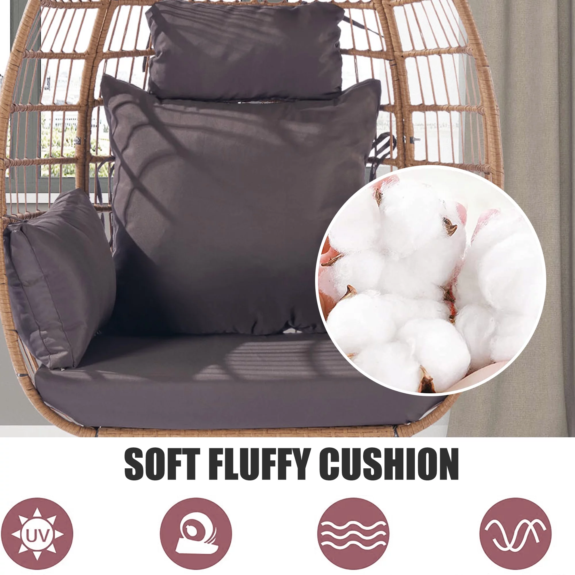 Wicker Egg Chair, Oversized Indoor Outdoor Boho Lounger Chair Stationary Egg Basket Chair, All-Weather 440lb Capacity Patio Chair, Dark Gray