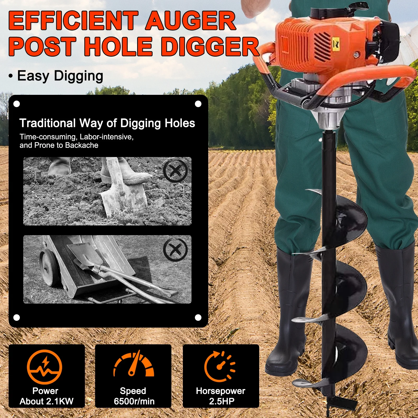 JSTUOKE 62cc 2100W Post Hole Digger 2 Stroke Petrol Gas Powered Earth Digger with 2 Auger Drill Bits ( 6