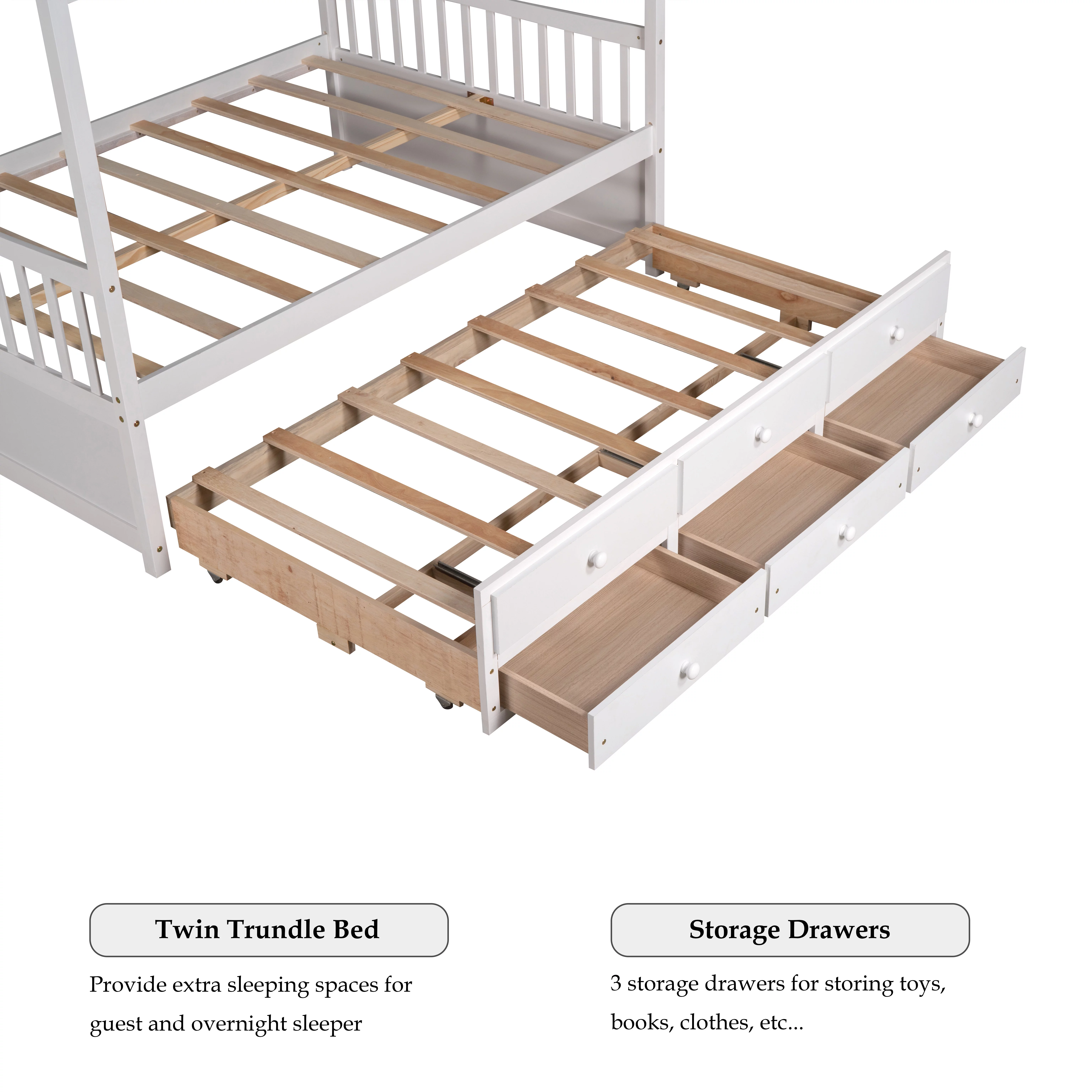Bellemave Kids House Bed with Trundle and Drawers Full Size Platform Bed with Storage Playhouse Design Wooden Bed Frame With Roof and Headboard for Boys Girls Teens, White