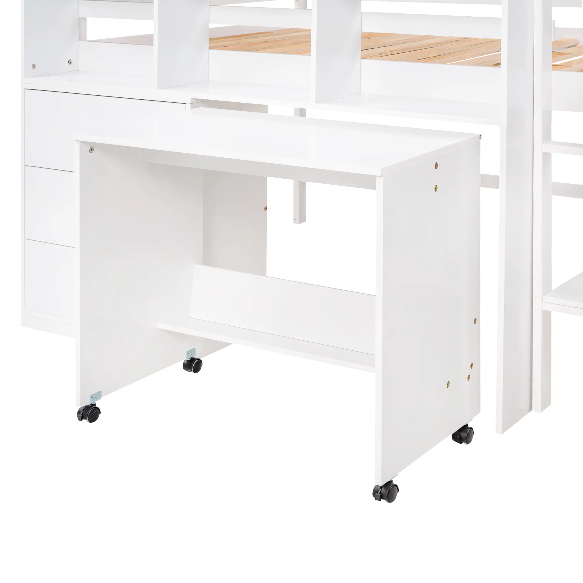 Bellemave Full Size Wood Low Loft Bed with Rolling Portable Desk, and Drawers,Kids Loft Bed With Storage Shelves,No Box Spring Needed(White)