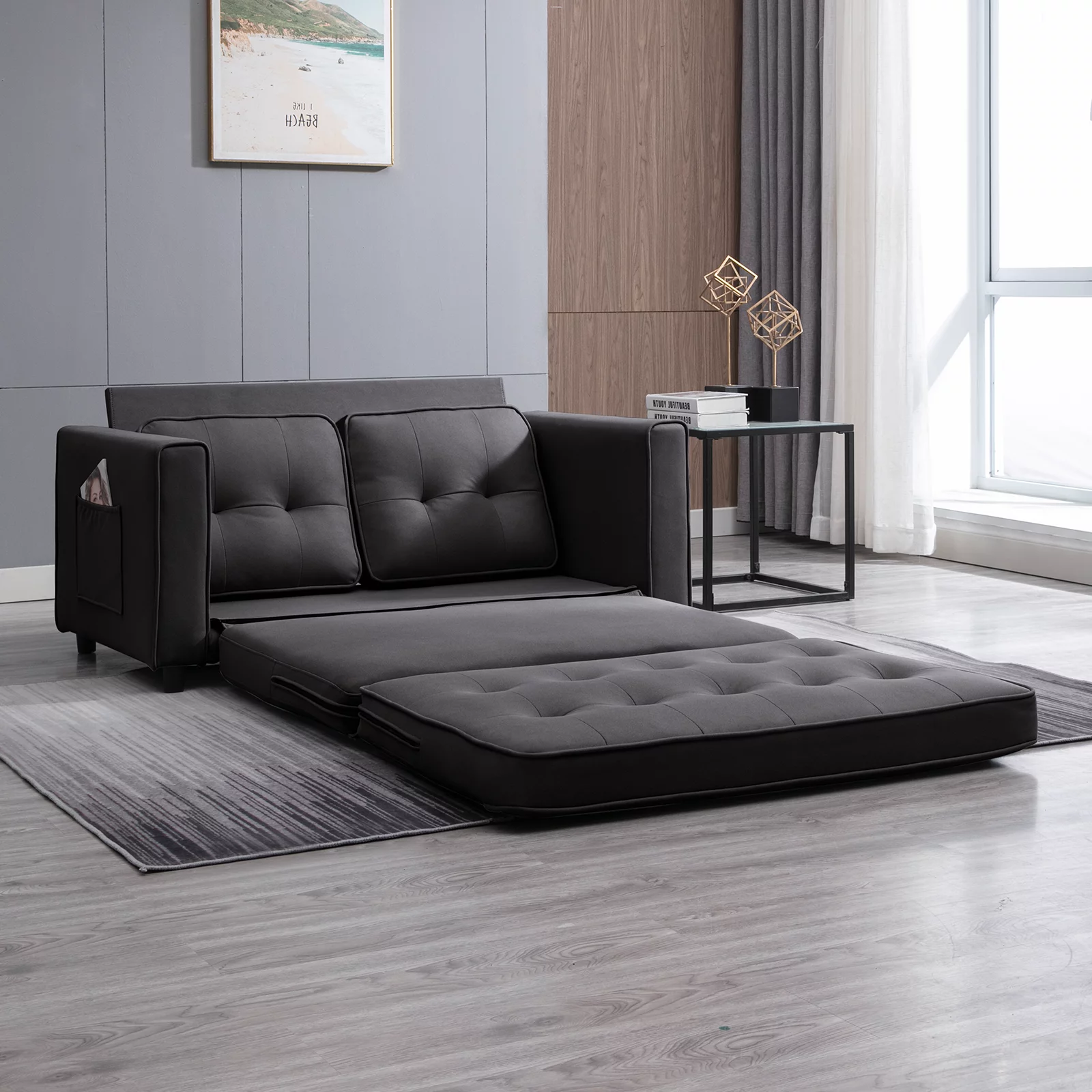 BALUS 3-in-1 Pull Out Sleeper Sofa Bed with Dual Side Pockets, Loveseat Sofa Sleeper, Dark Gray