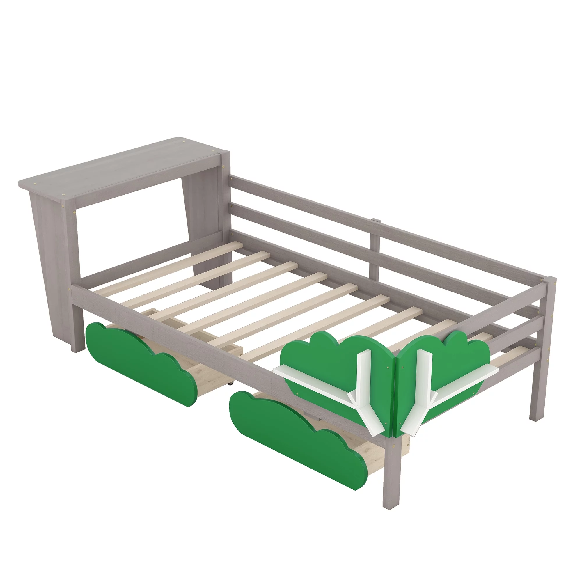 Churanty Twin Size Daybed with Storage Drawers and Desk,Wood Twin Bed Frame with Green Leaf Shape Shelves for Kids Bedroom,Gray