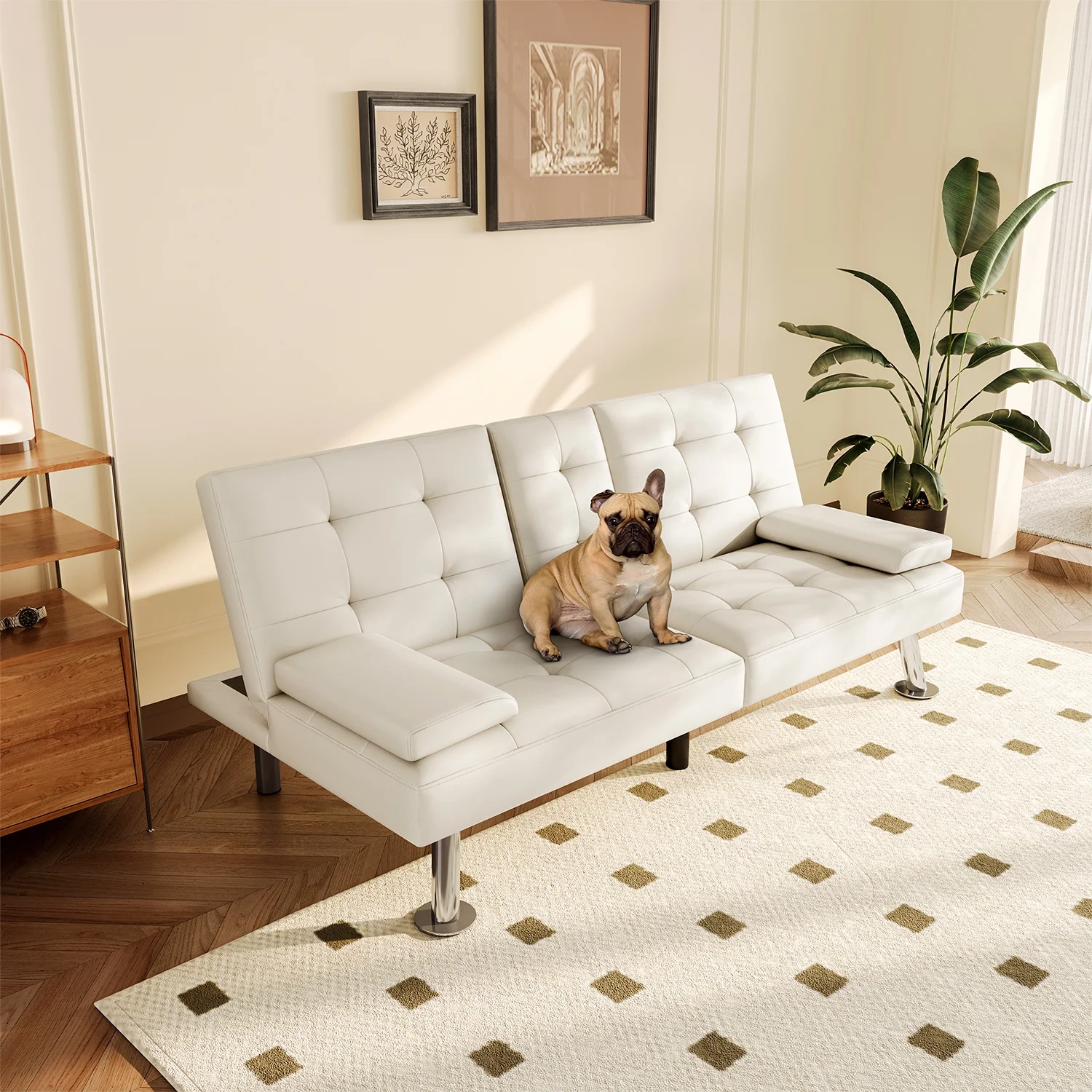 LINSY HOME Faux Leather Upholstered Convertible Futon Sofa Bed for Compact Living Space, Apartment, Dorm, White