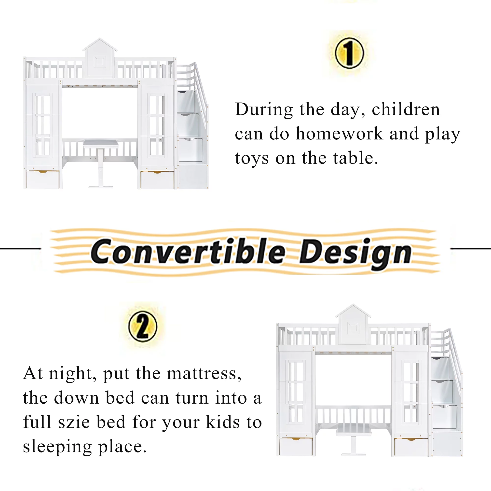 Twin Over Twin Bunk Beds with Stairs, Wood Loft Bed with Desk and Seat Can be Turned Into Bunk Bed, Convertible Dorm Bunk Bed with 2 Storage Drawers for Kids Teens(White+White)