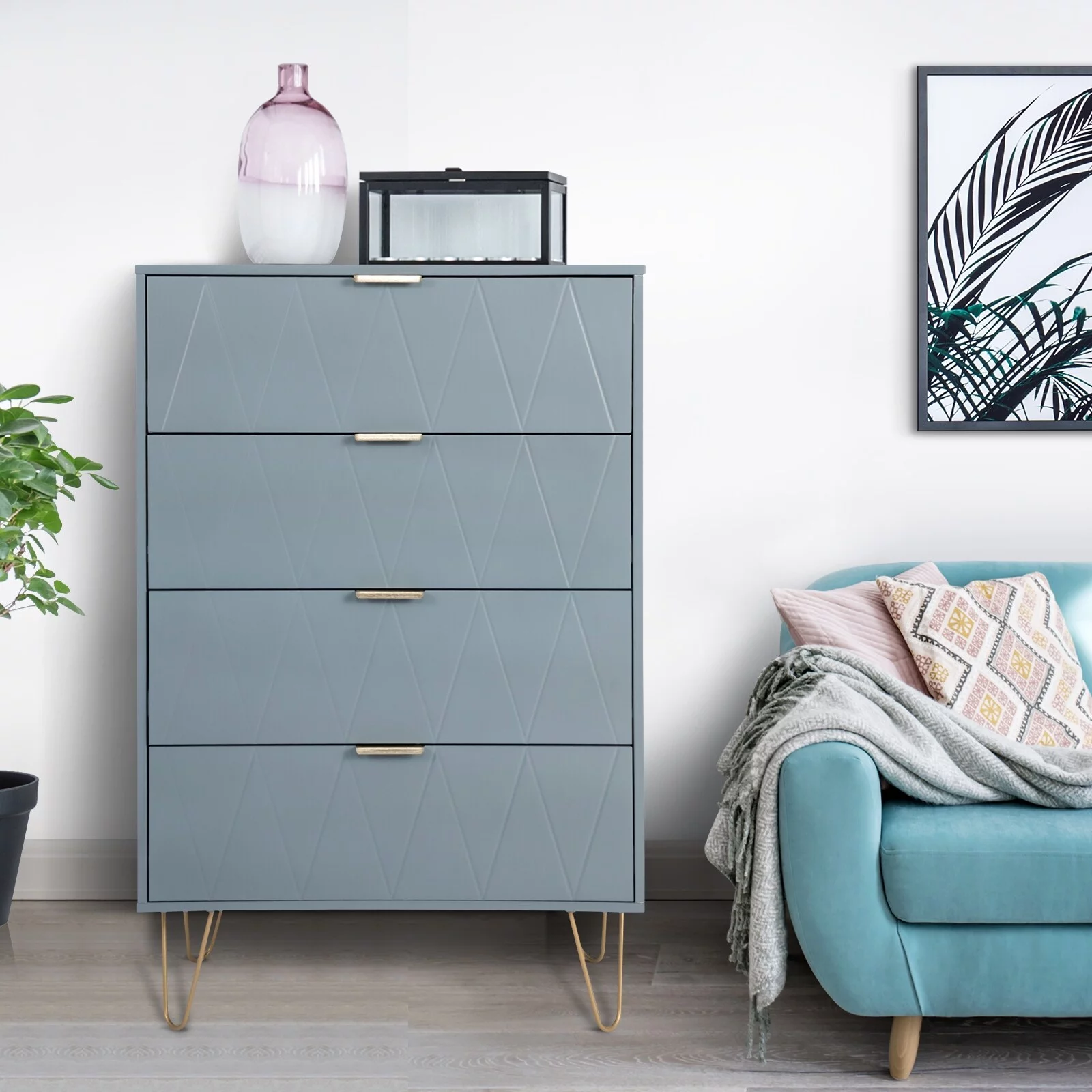 4 Drawers Chest Of Dresser Tall Storage Tower Cabinet with Metal Legs For Bedroom Living Room Bluish Gray