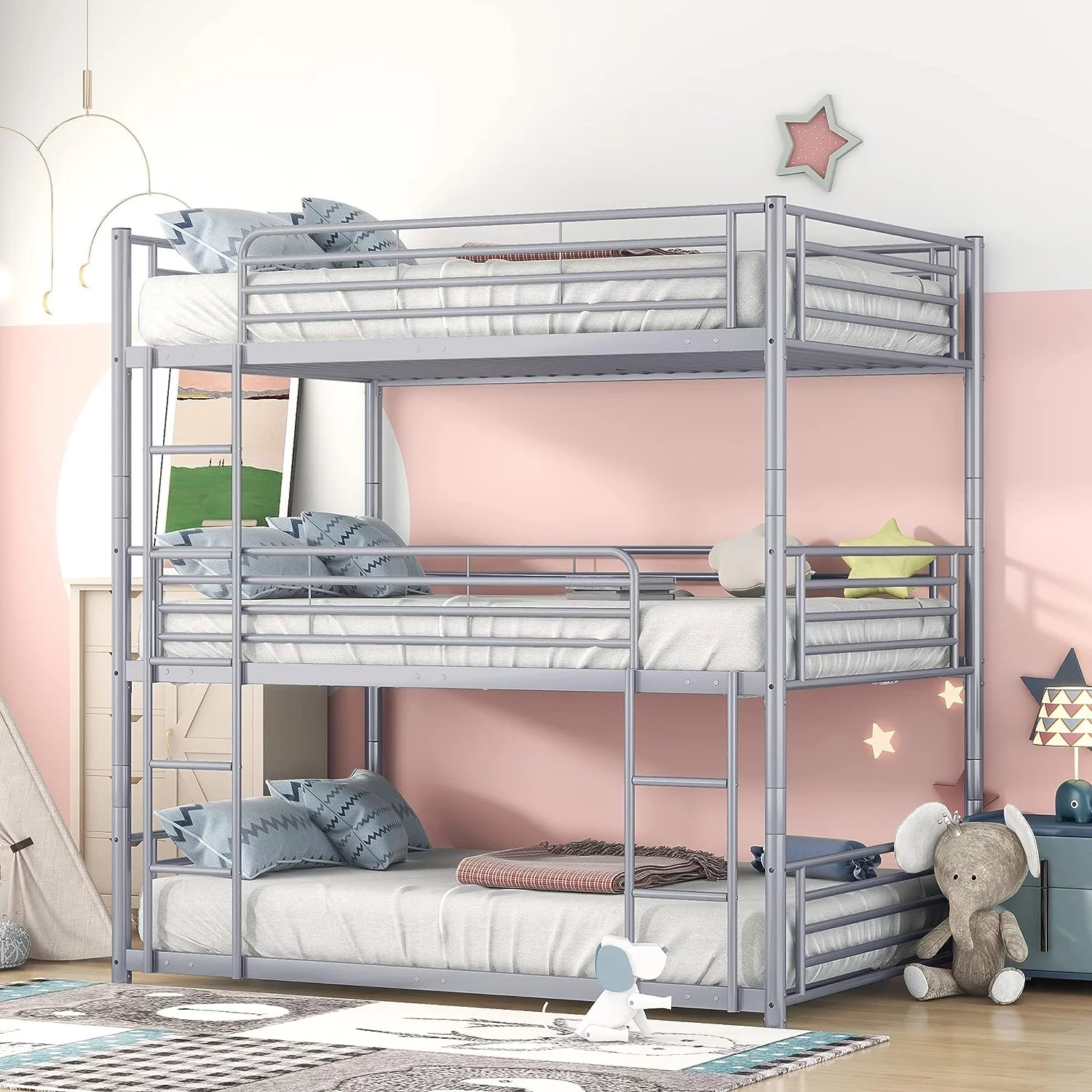 Tabaray Triple Beds Full-Full-Full Floor Bunk Bed with 2 Convertible Ladders and Iron Slats, Steel Bedframe with Guardrails for Teens Adults Boys Girls (Grey)