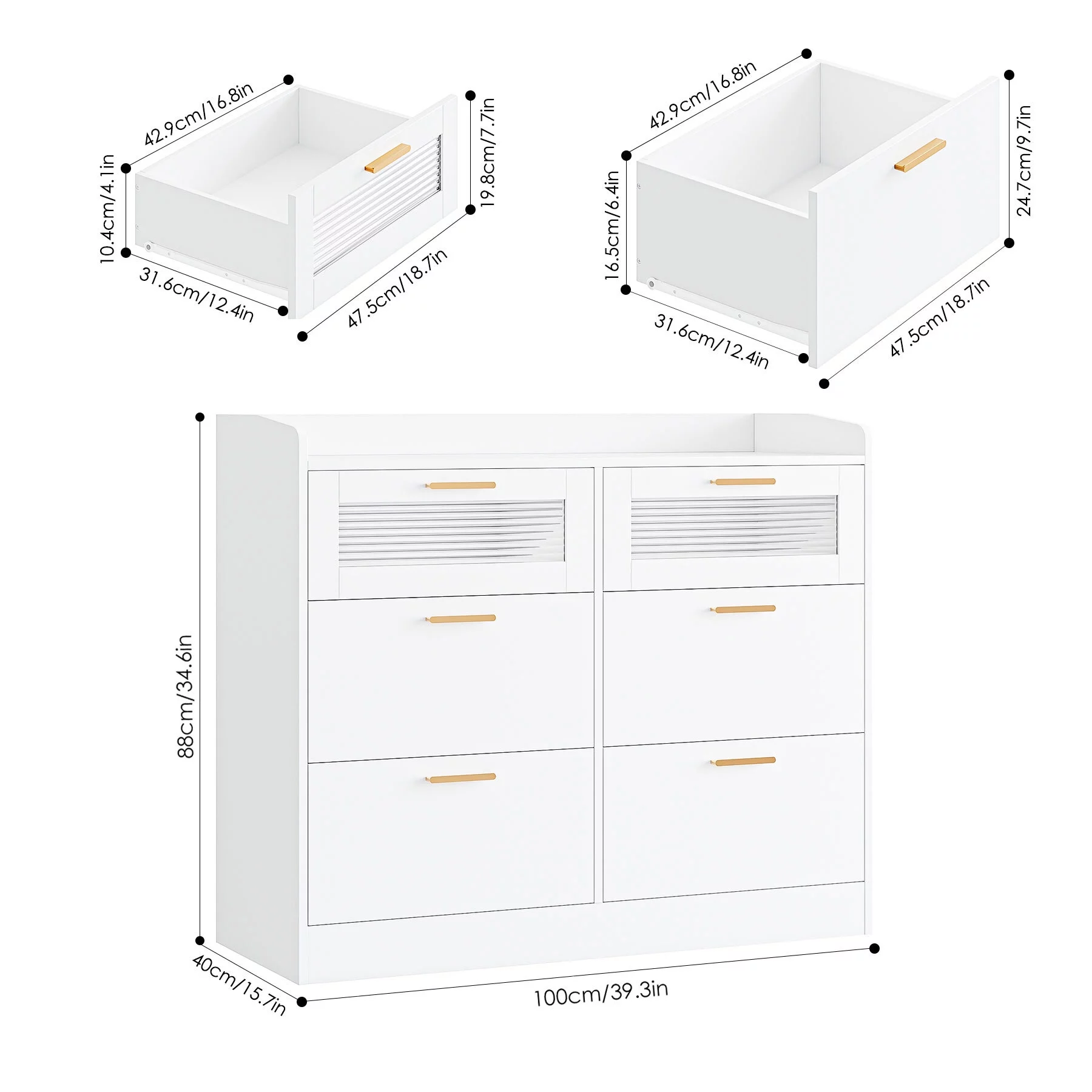 Homfa 6 Drawer Double Dresser with Fence, White Chest of Drawers with Wavy Glass, Wooden Storage Cabinet for Bedroom