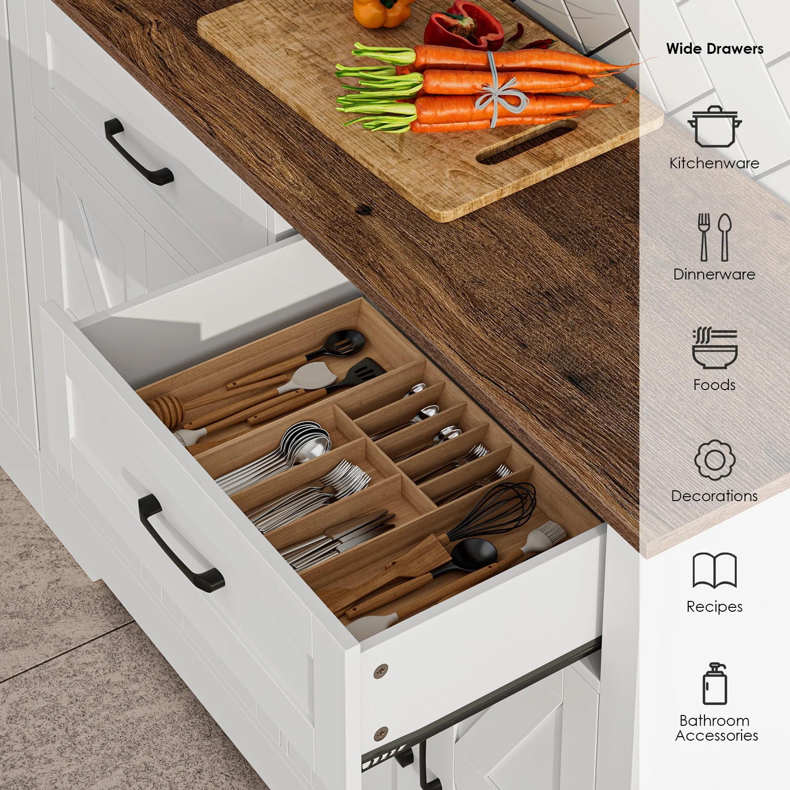 Homfa Farmhouse Buffet Sideboard, 2 Drawers & 4 Doors Shelf Space Wood Storage Cabinet Credenza for Kitchen Living Room, White