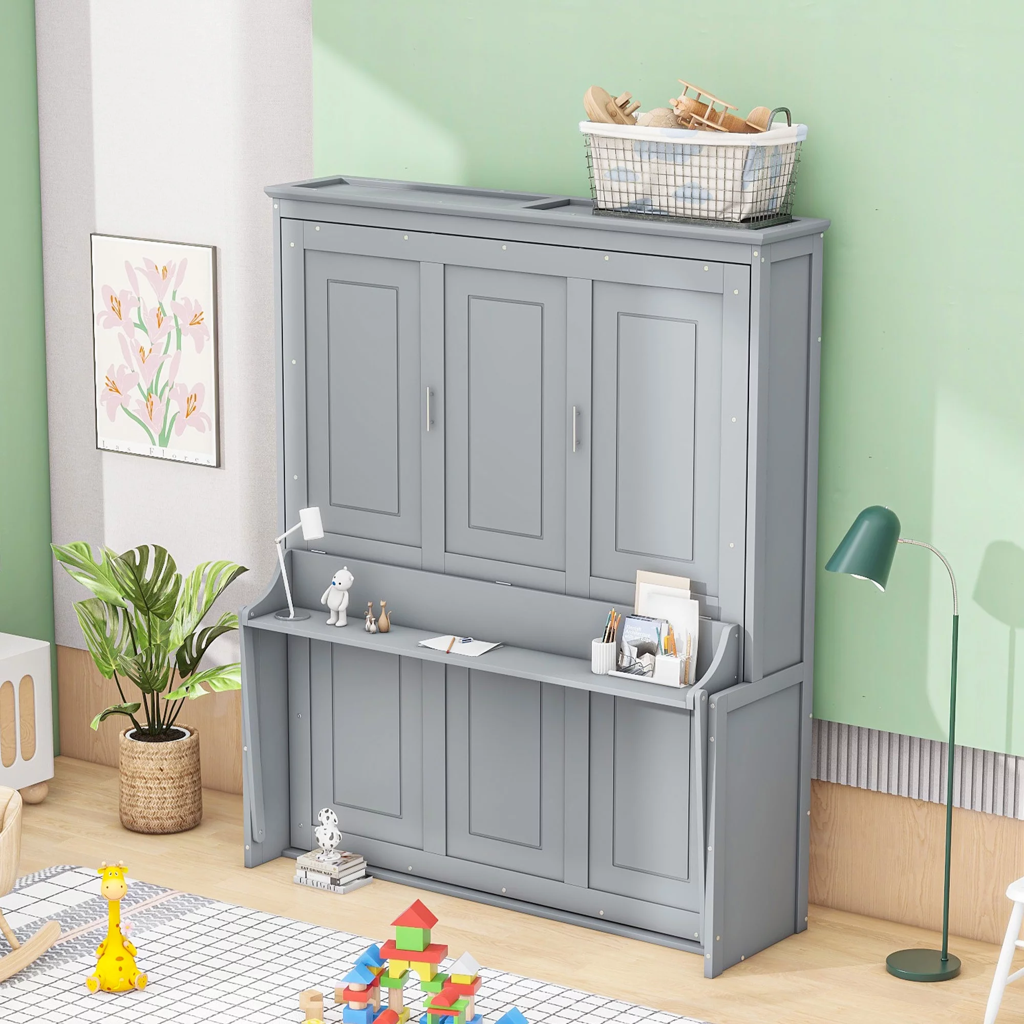 Euroco Queen Size Murphy Bed with Desk and Shelf, Convertible Wall Bed into a Cabinet for Living Room, Guests Room, Space-Saving & Easy Open and Close, Gray