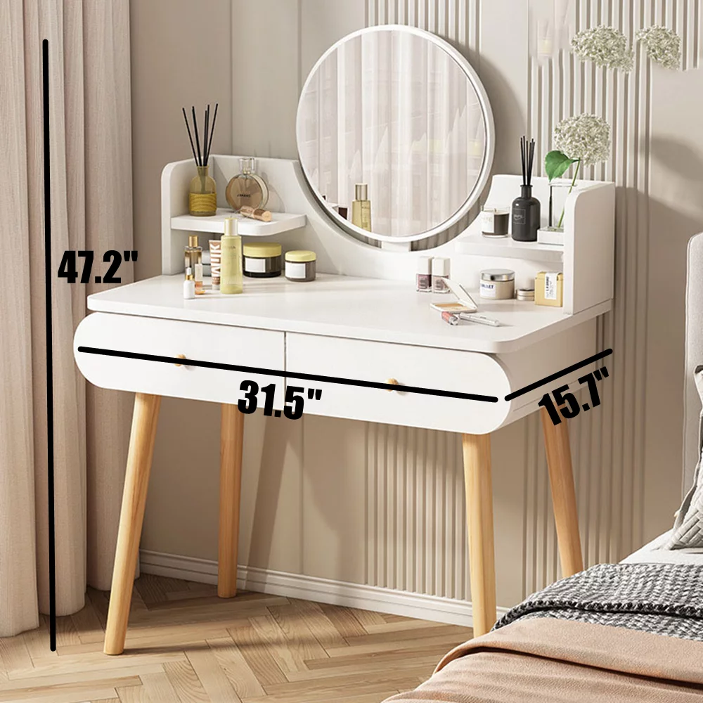 ANJORALA White Vanity Table Set with Mirror, Modern Makeup Vanity Desk Dressing Table with 2 Drawers & 2 Shelves(Without Stool)