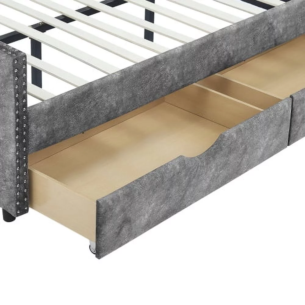 Motent Full Size Daybed with Drawers Upholstered Tufted Sofa Bed, with Button on Back and Copper Nail on Waved Shape Arms,Grey(80.5”x55.5”x27.5”)