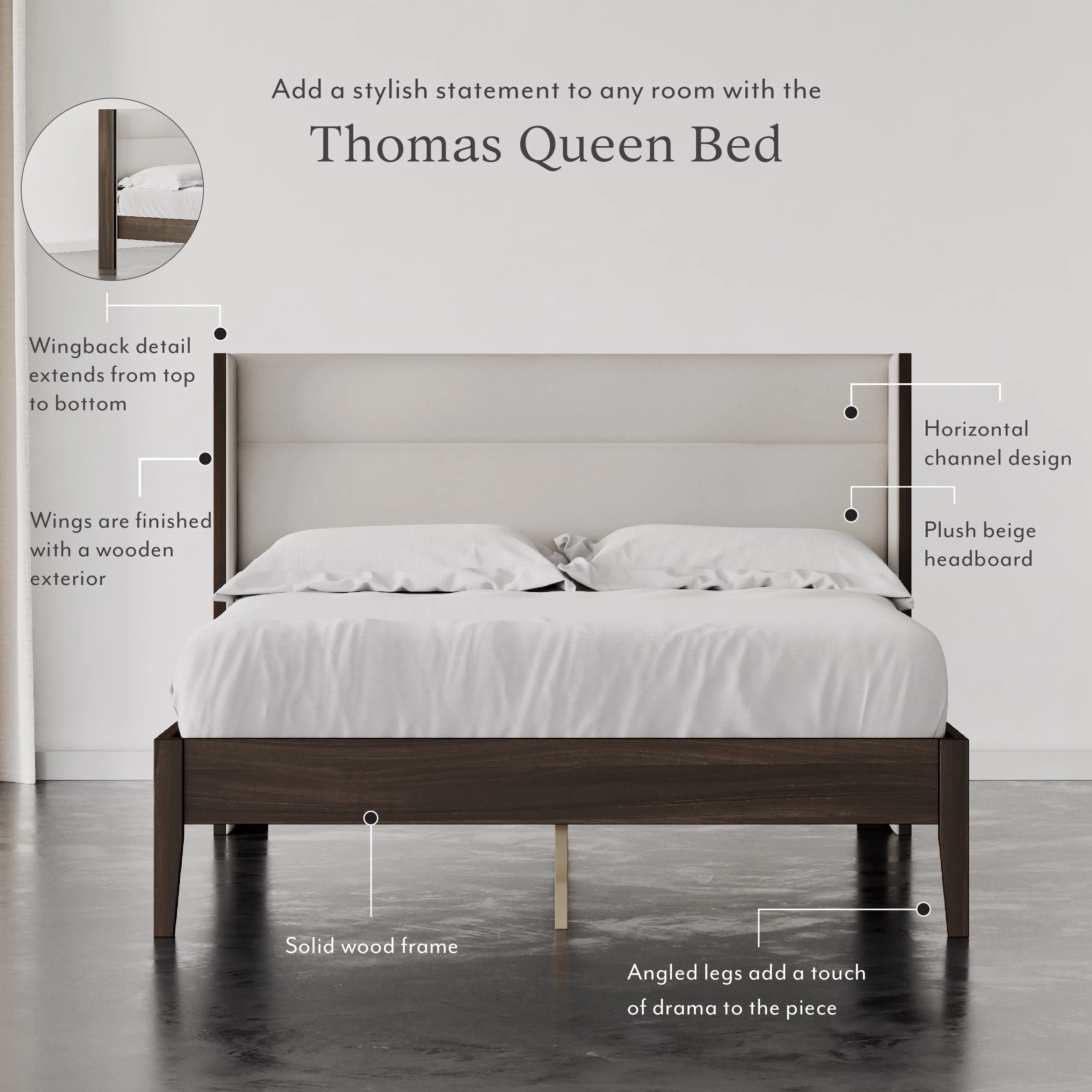 DG Casa Thomas Wingback Channel Queen Bed Frame - Stylish Upholstered Bed Frame Queen | Easy Install Queen Bed Frame with Headboard and Wooden Slat Support Included | No Box Spring Required