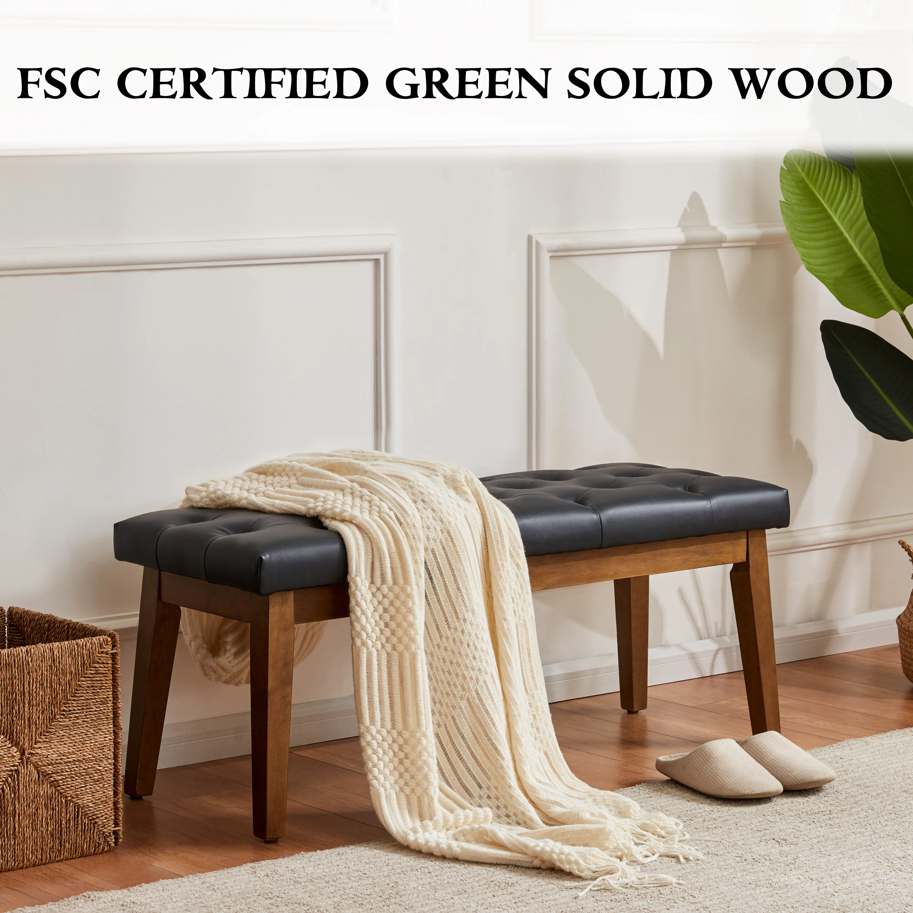 HUIMO Bedroom Bench End of Bed, Upholstered Dining Bench for Kitchen, Button-Tufted Entryway Bench, Fabric Ottoman Bench for Living Room, Black