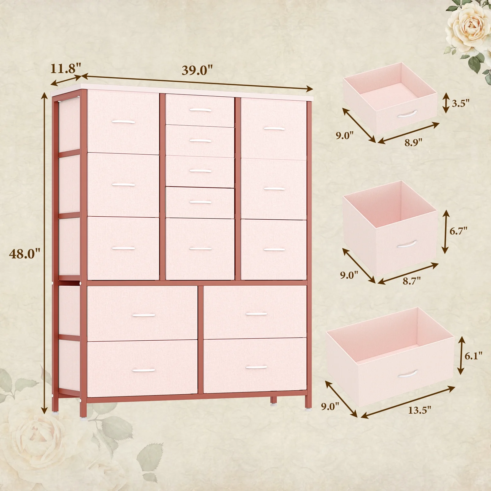 Towallmark 15 Drawer Dresser Chest of Drawers for Bedroom Living Room, Fabric Storage Organizer With Wood Top , Hallway, Closet, Nursery, Pink