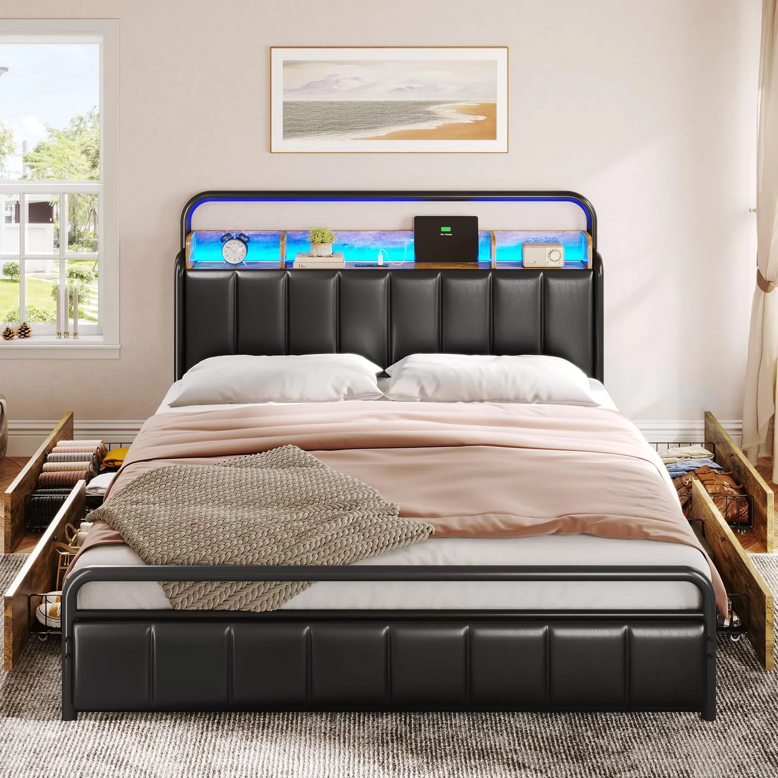 Queen Size Bed Frame with Storage Headboard & Hidden Storage Metal Platform LED Bed Frame with 4 Drawers & Charging Station,Upholstered Headboard,Noise-Free,Black
