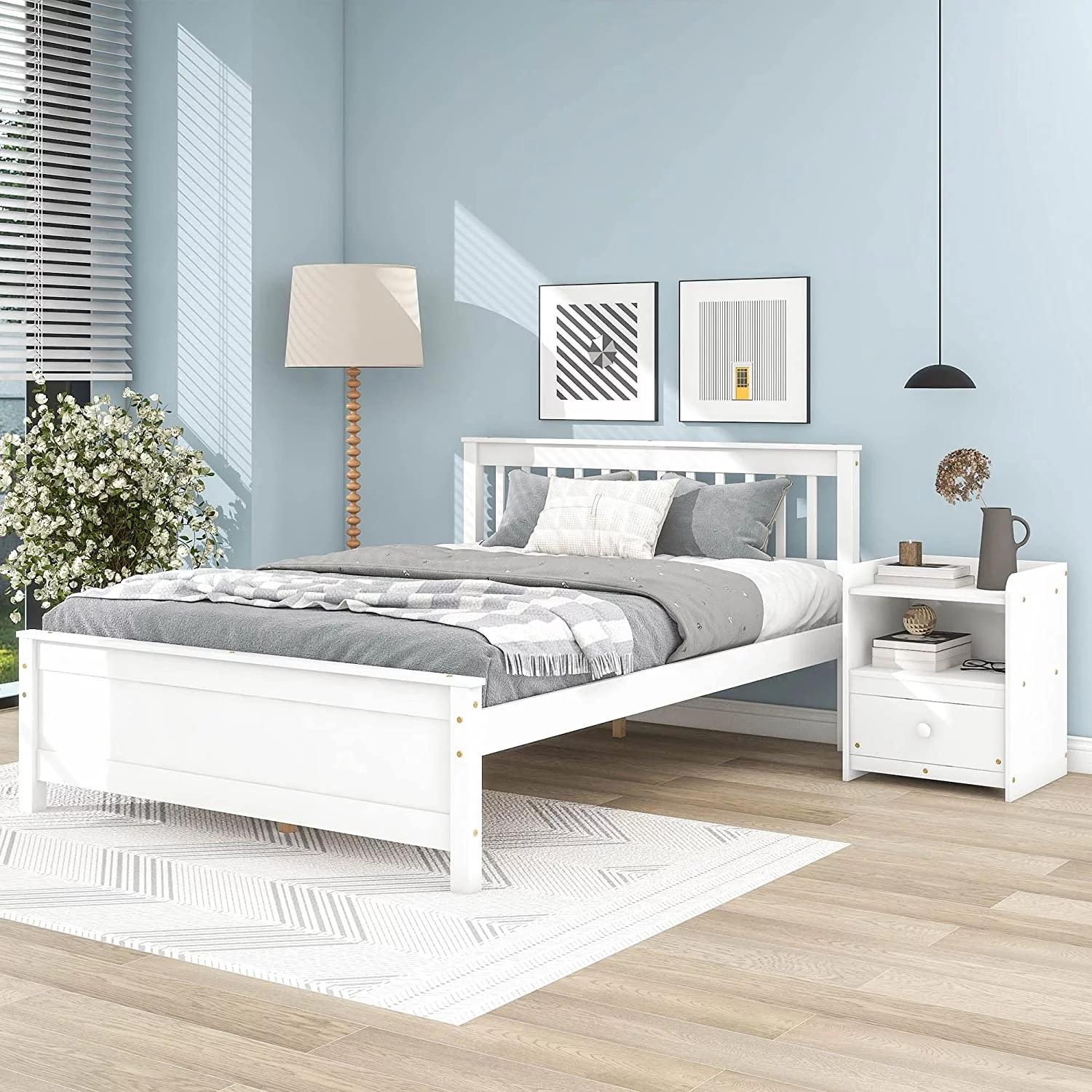Full Bed Frame with Nightstand Full Size Bed Frame for Kids, Teens, Adults with Slats, Headboard & Footboard, Wood Full Size Platform Bed for Bedroom Small Living Space, No Box Spring Needed-White