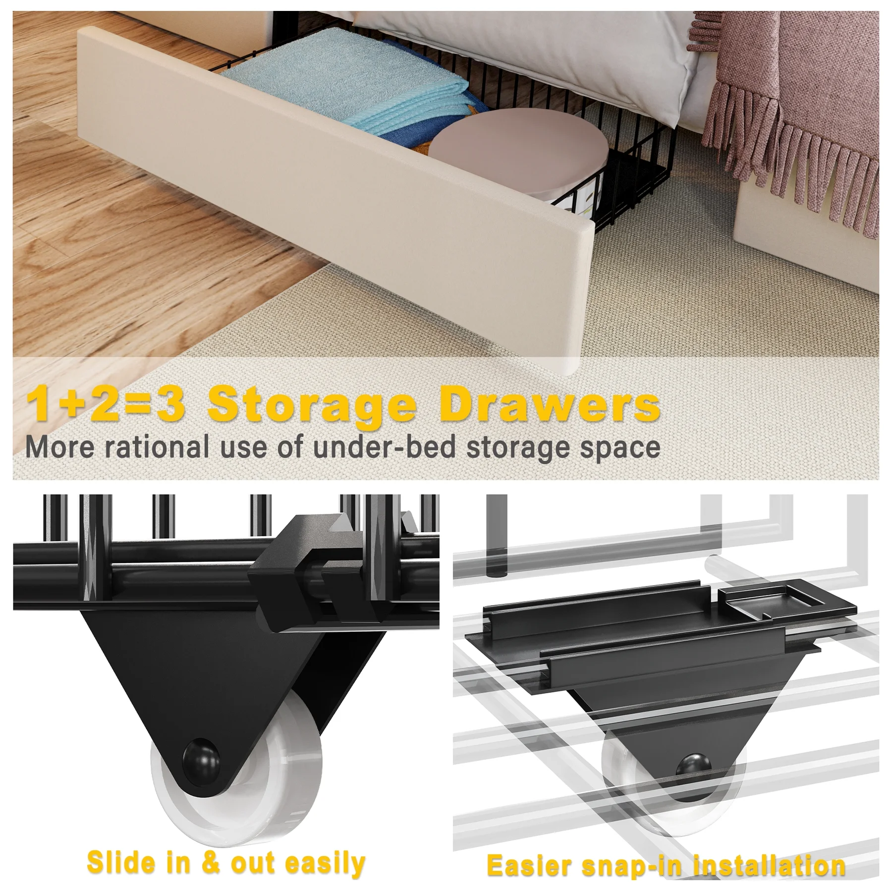 ANCTOR King Size Bed Frame with 3 Drawers, Upholstered Storage Headboard and Charging Station, No Box Spring Needed, Easy Assembly