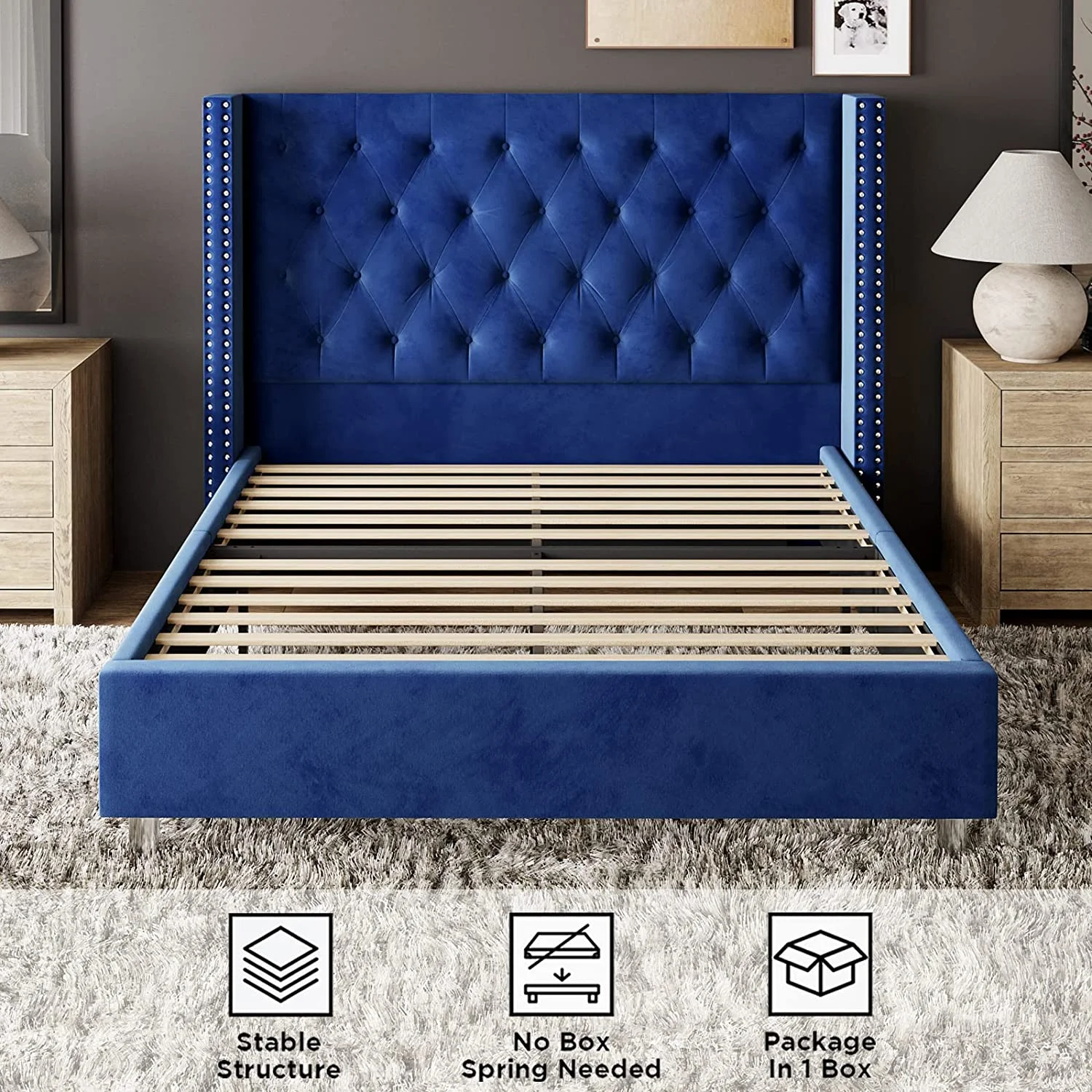 Bed Frame King Size Velvet Tufted Upholstered Bed Low Profile Platform Bed Raised Wingback Headboard/Wood Slats Support/No Box Spring Needed/Easy Assembly/Cream