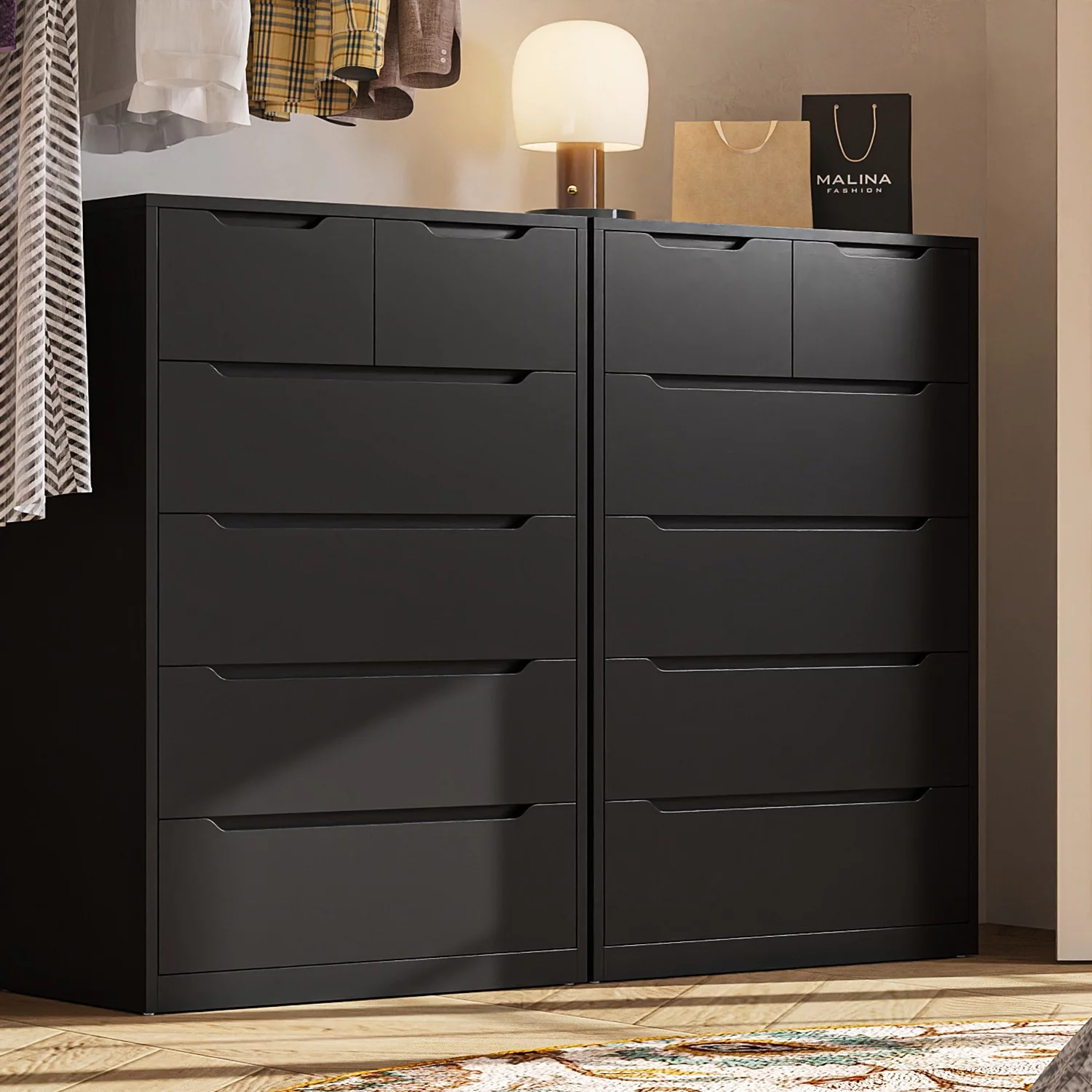 EnHomee Black Tall Dresser Wood 6 Drawer Dressers for Bedroom Wood Chest of Drawers with Smooth Metal Rail Large Dresser Modern Storage Cabinet for Home Office Living Room, 43.3