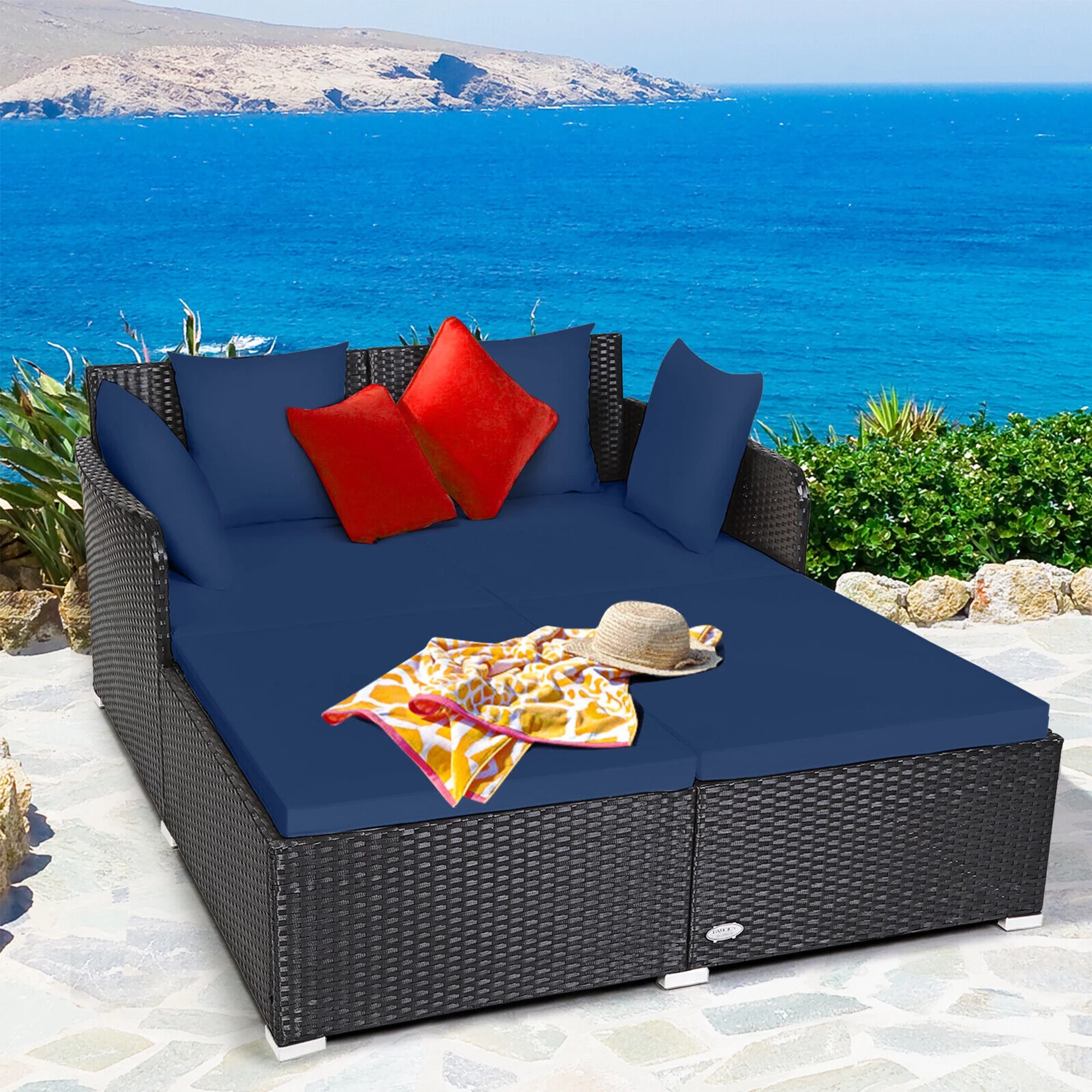 Outdoor Patio Rattan Daybed Cushioned Patio Conversation Set Sofa Furniture, Navy