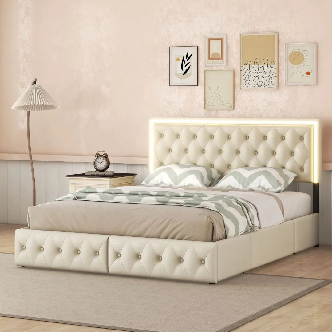 PU Leather Queen Bed Frame with 4 Storage Drawers and LED Headboard Beige