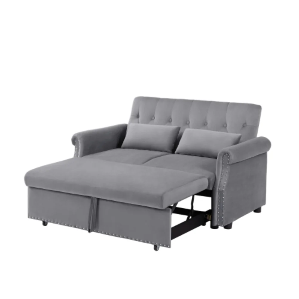 55'' Modern Shiny Velvet Convertible Loveseat Sleeper Sofa Couch w/ 2 Lumbar Pillows, Adjustable Pull-Out Bed and Removable Armrest for Nursery, Living Room, Apartment, Home Office