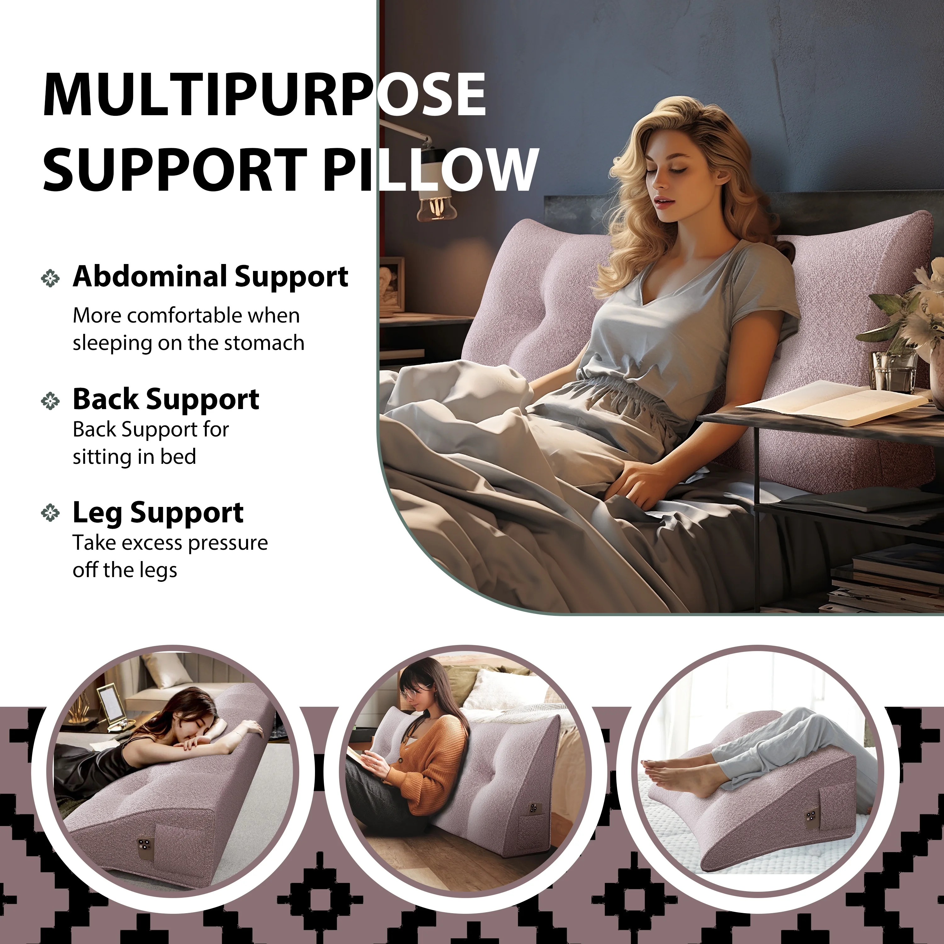 Rounuo Triangle Reading Pillow Full Size XXL Wedge Headboard Extra Large Back Support Pillow for Sitting up in Bed Daybed Bolster Backrest Cushion Velvet Pink