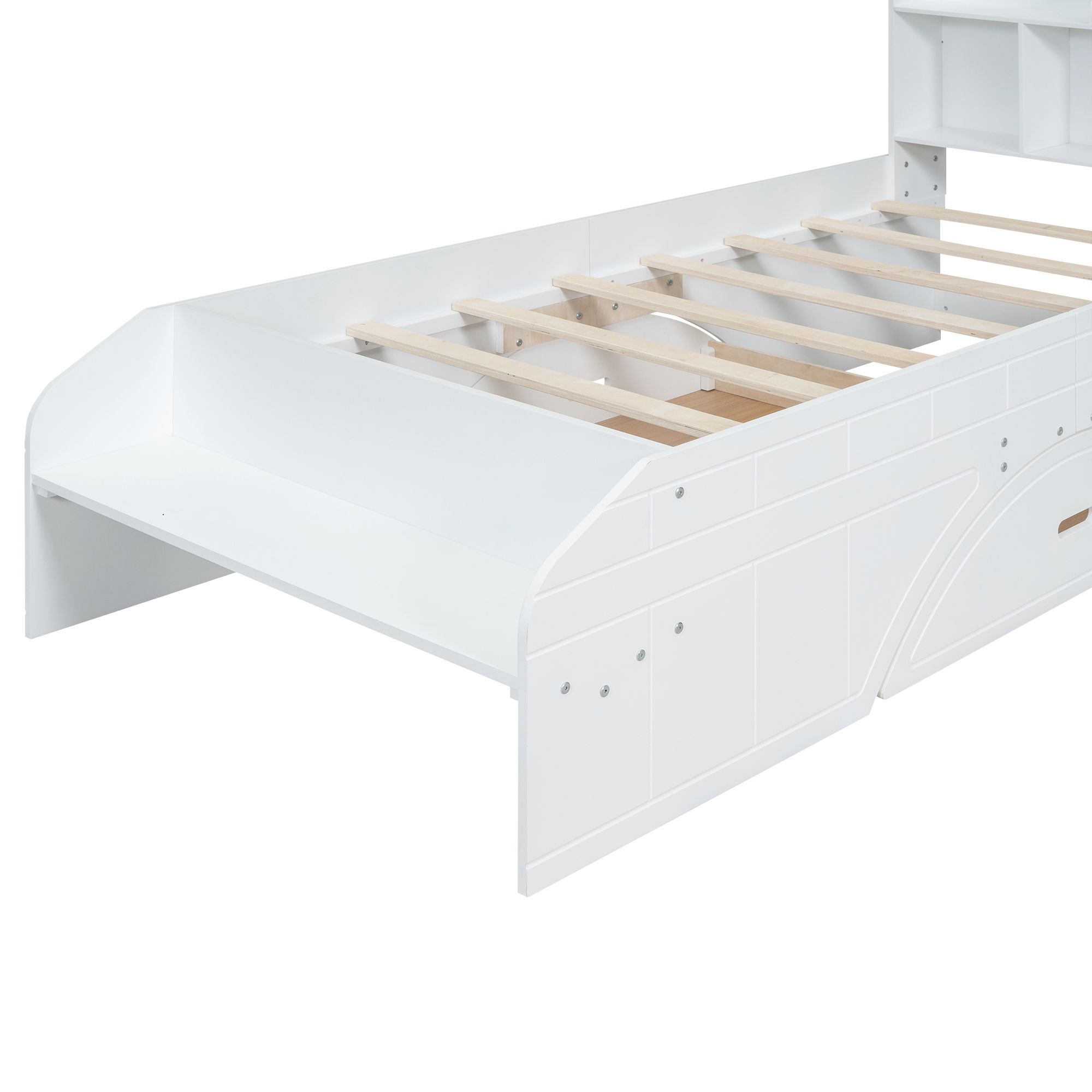 Solid Wood Bed Frame with 2 Drawers, Storage Headboard and Footboard, Platform Bed Frame, Mid Century Bedframe, Multi-Storage Space Wood Foundation(White, Twin)