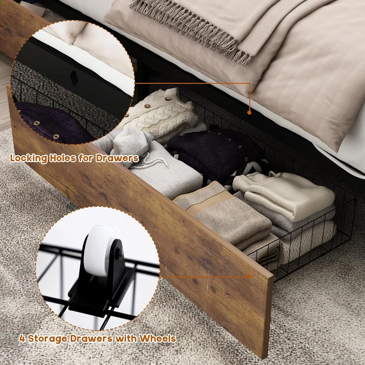 ANPOO LED Bed Frame Full Size with 4 Drawers & Charging Station, Metal Platform Bed Frame with Storage Headboard & Bookcase Storage, No Box Spring Needed, Noise-Free, Vintage Brown