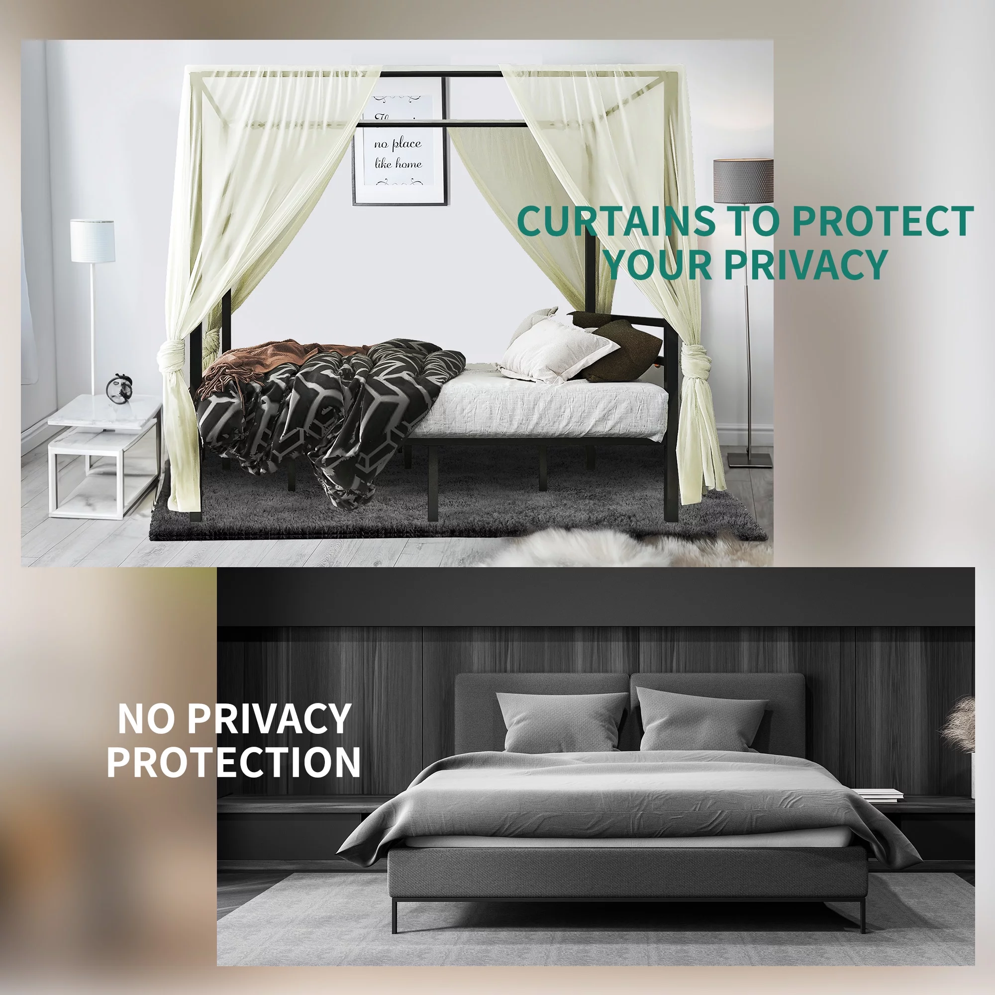 Dextrus King Size Black Canopy Bed Frame with Headboard, Mattress Foundation with Wooden Slats and Steel Structure, No Box Spring Needed