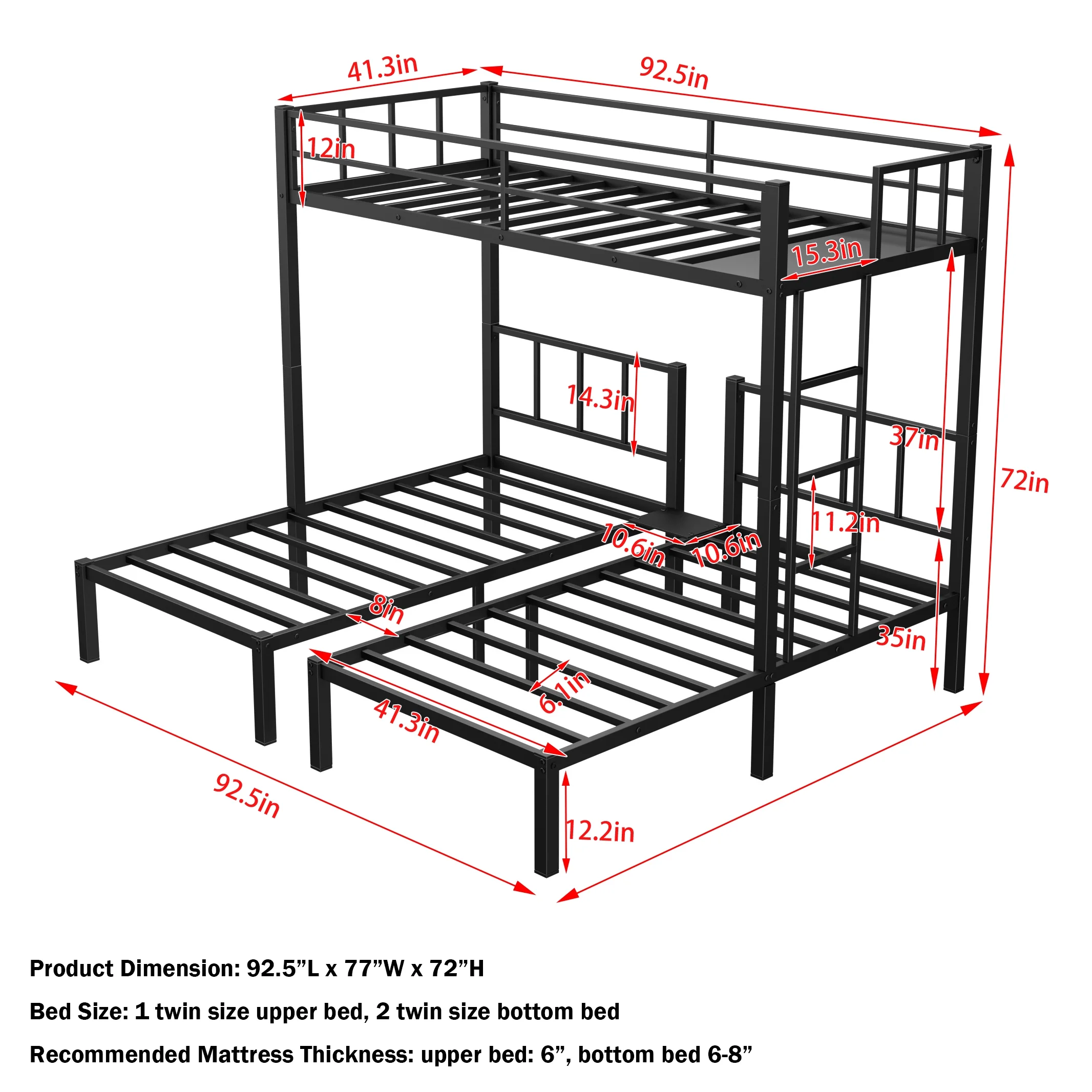 Bellemave Triple Bunk Bed Twin XL over Twin and Twin Metal Bunk Bed Frame with Storage Shelf Space Saving Bunk bed with Build-in Table Convertible 3 Bunk Bed for Kids Teens Boys Girls, Black