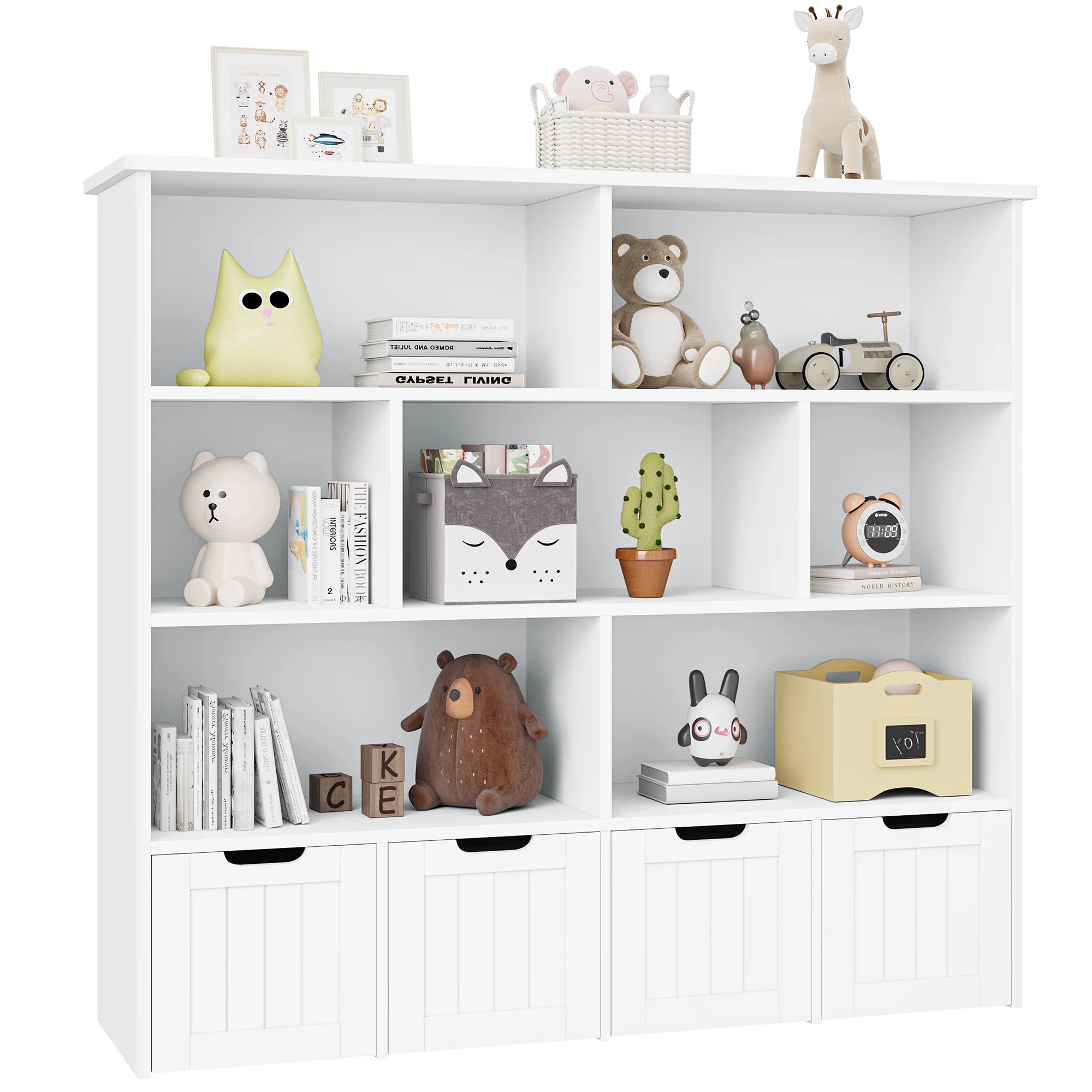 Homfa 7 Cube Toy Storage  Organizer, Kids Geometric Bookcase and Bookshelf with 4 Drawers, White
